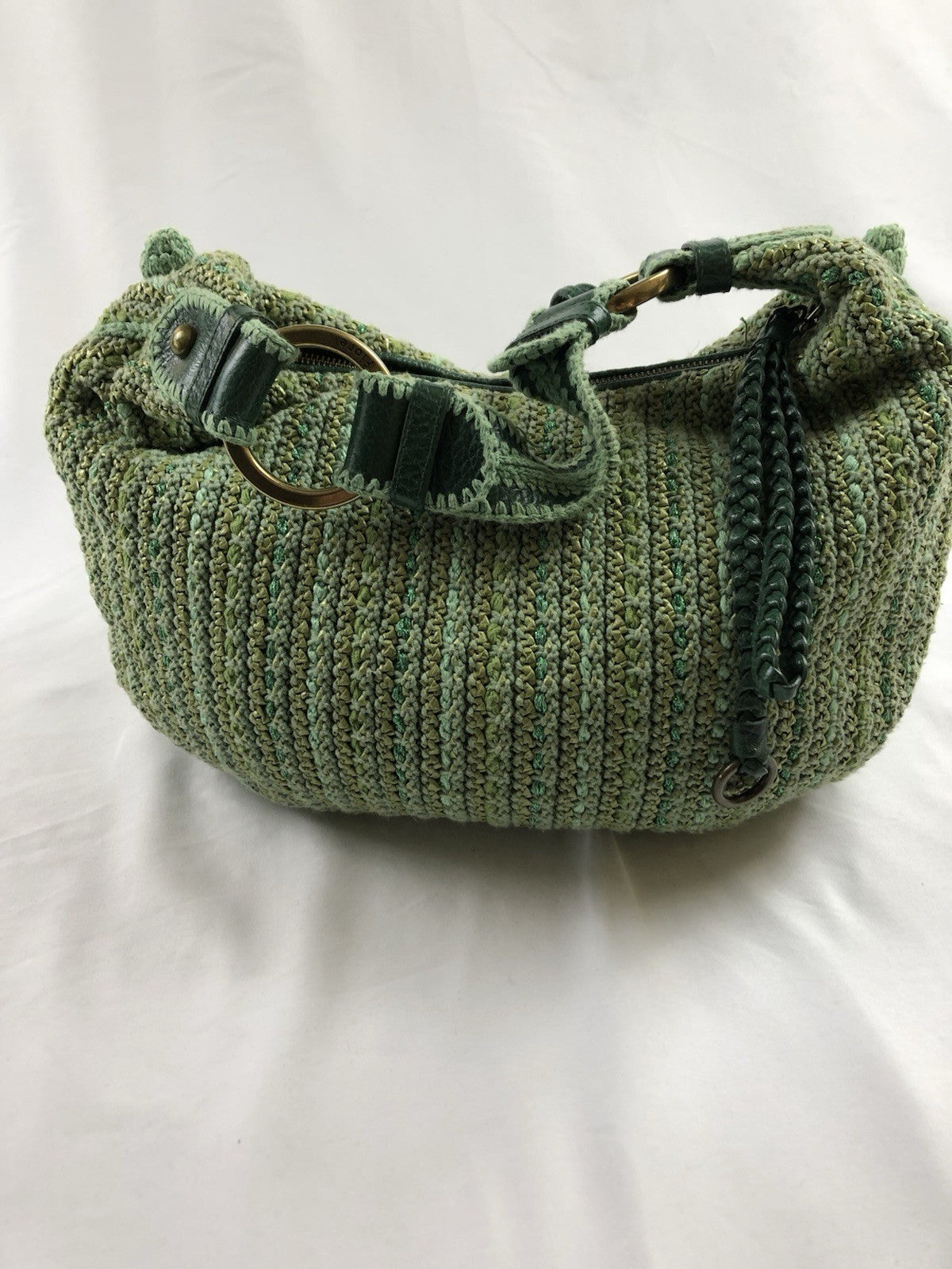 Isabella Fiore Green Crochet Floral Applique Shoulder Bag