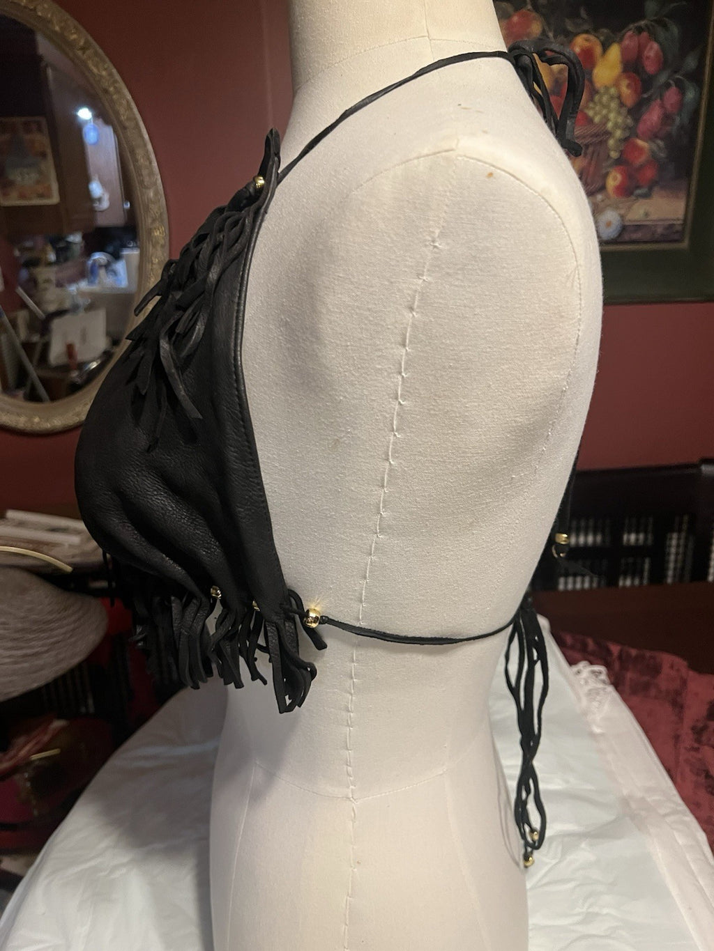 Vtg. 2/ Leather Fringe Halter Tops Black Biker Festival Cowgirl custom-made!!Sm.