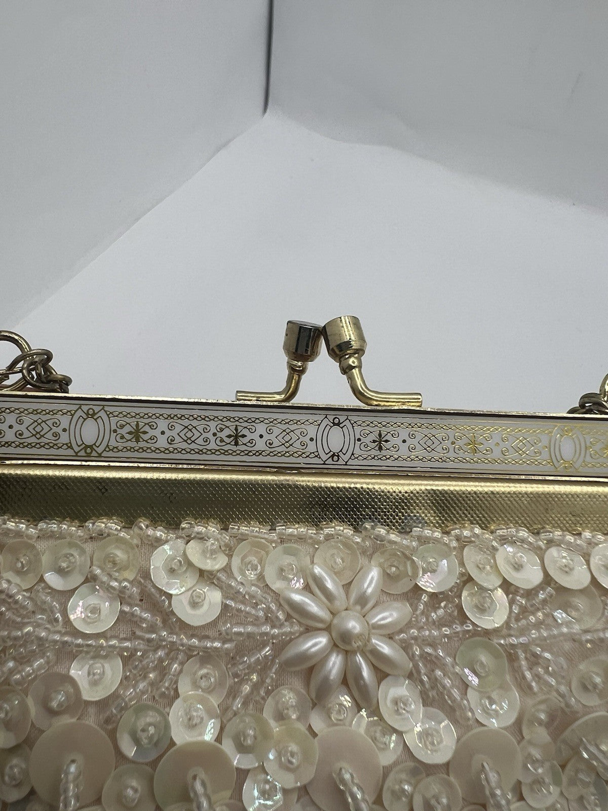 Vintage Evening Bag White/Cream Beaded Clutch Purse W/Chain Handle - Hong Kong