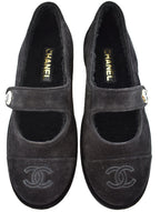 Chanel 25B Black Suede Shearling Fur Mary Jane Moccasin Ballet Loafer Flat 38
