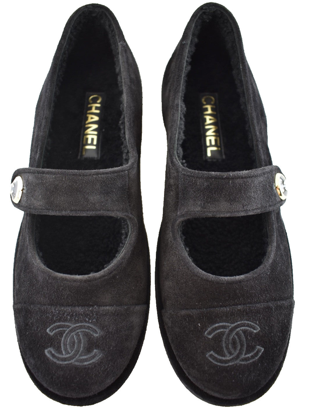 Chanel 25B Black Suede Shearling Fur Mary Jane Moccasin Ballet Loafer Flat 38