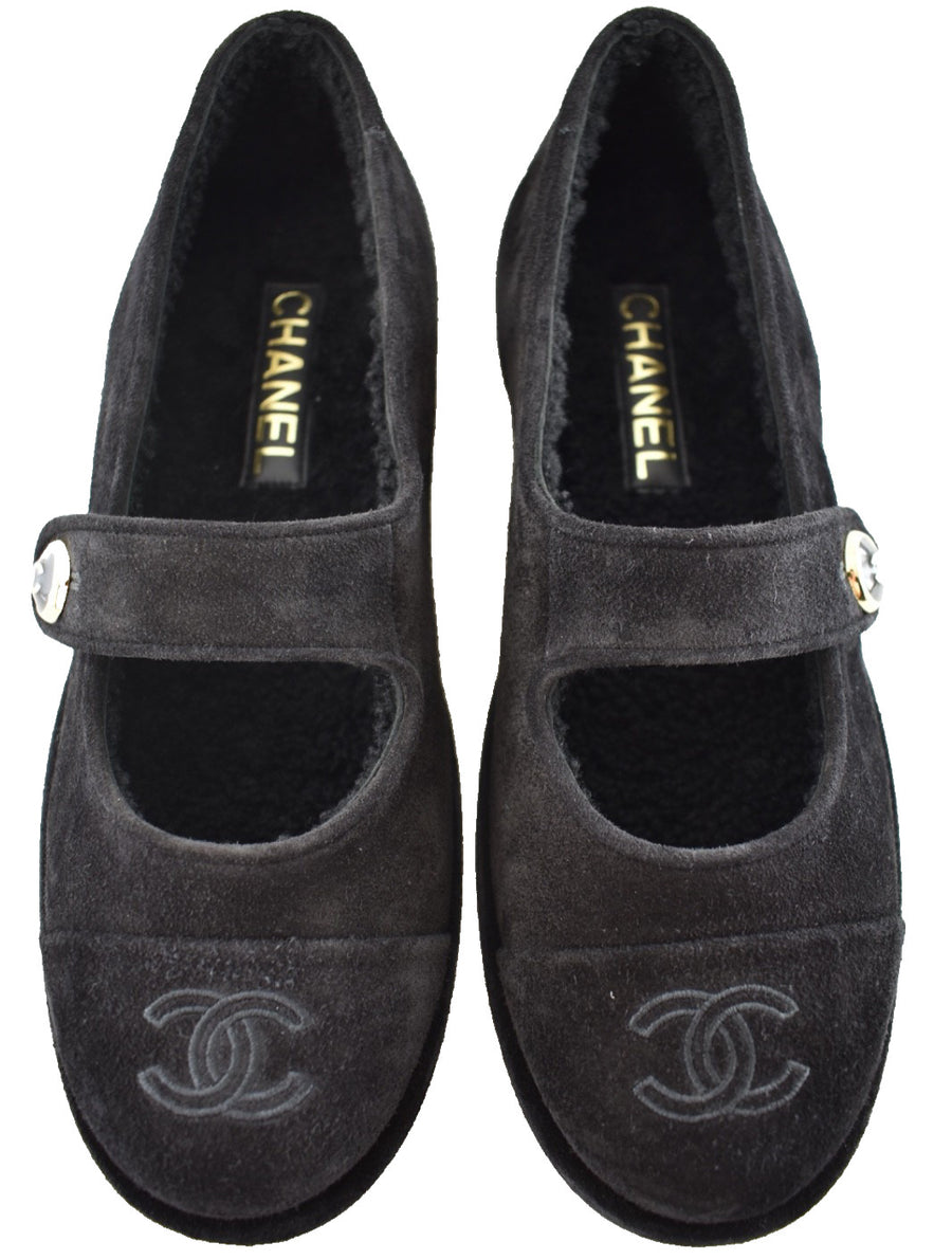 Chanel 25B Black Suede Shearling Fur Mary Jane Moccasin Ballet Loafer Flat 38