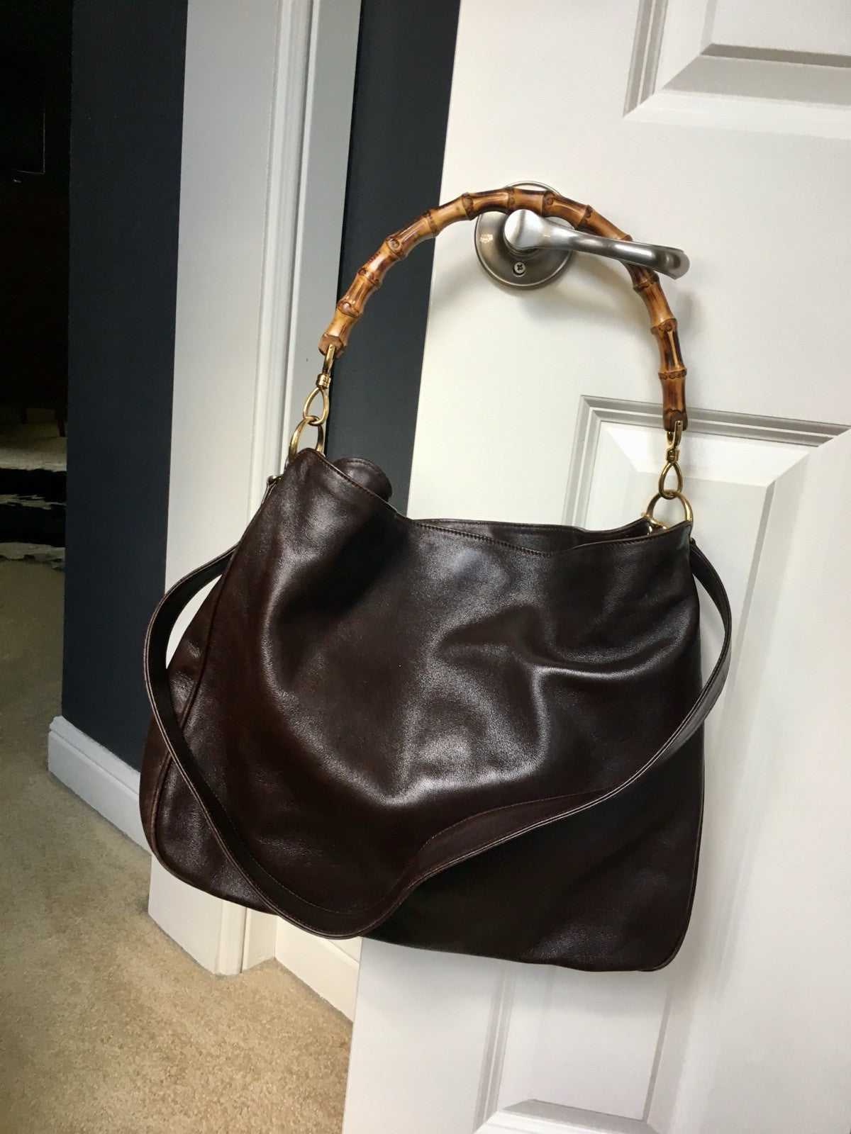 Gucci 1990s Brown Leather Bamboo Handle Shoulder Bag