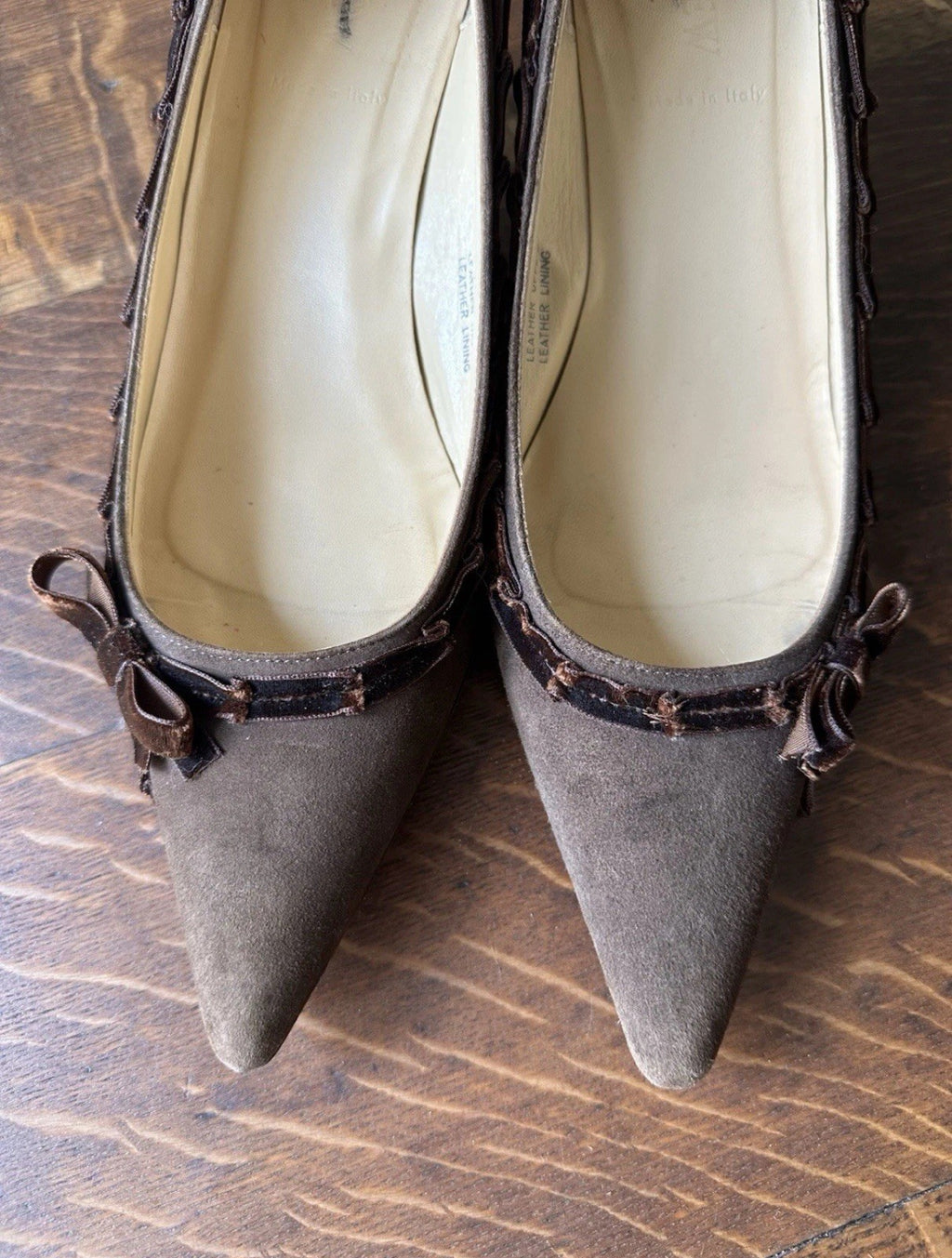Brown Vintage Suede Velvet Ribbon Bow Kitten Heels