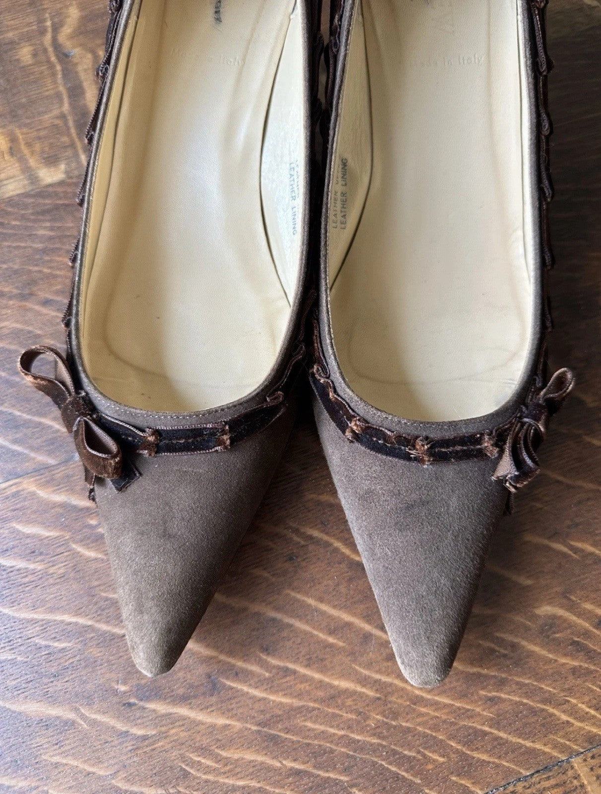 Brown Vintage Suede Velvet Ribbon Bow Kitten Heels
