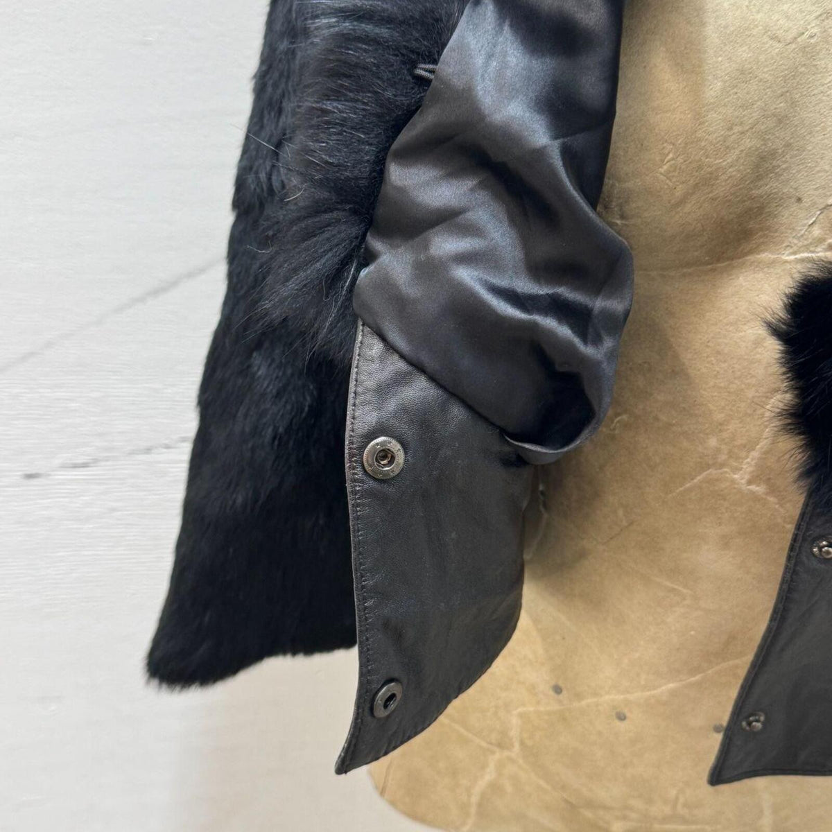 Y2K Black Rabbit and Fox Fur Leather Crop Jacket