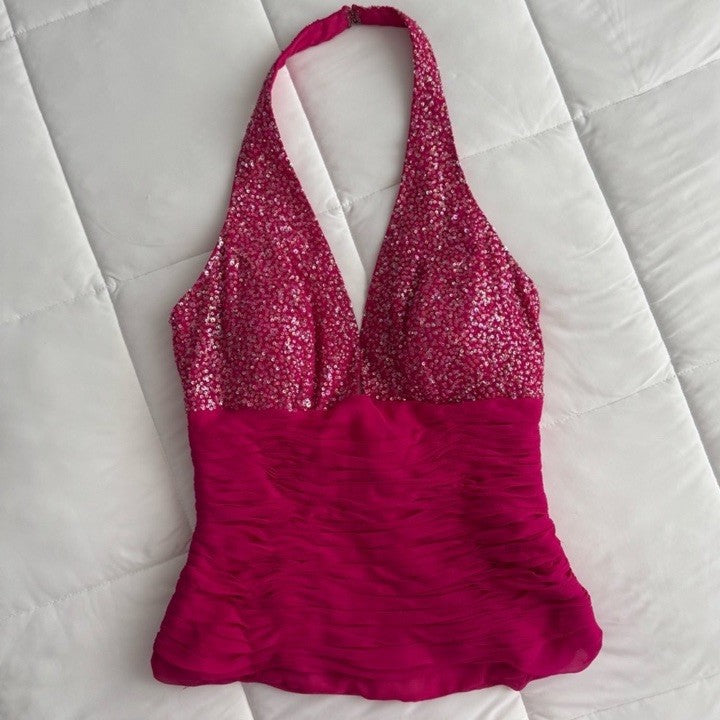 C.M. Vintage Y2K Fuchsia Pink Sequin Halter Top and Midi Beaded Silk Skirt Set