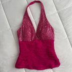 C.M. Vintage Y2K Fuchsia Pink Sequin Halter Top and Midi Beaded Silk Skirt Set