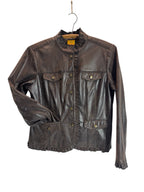 Vintage Women’s Faux Leather Jacket scalloped trim waist length fitted 2 Pockets