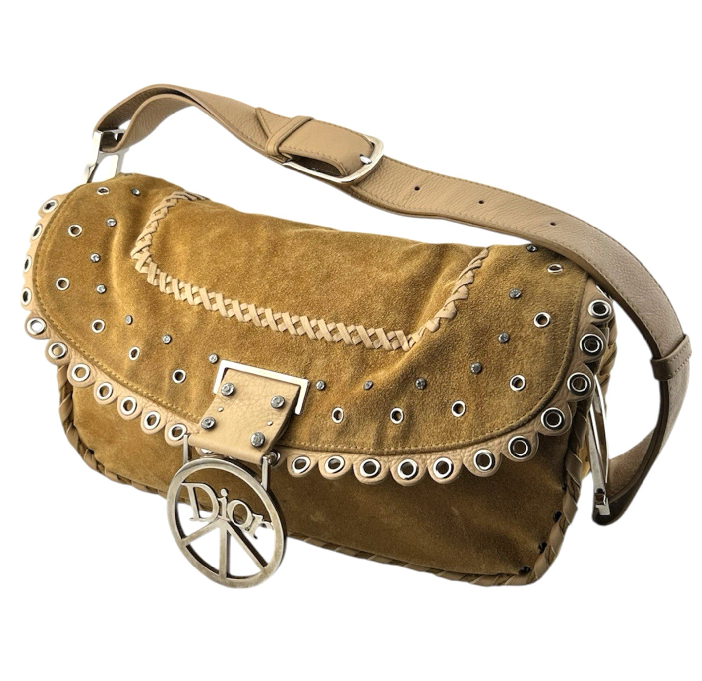 Vtg Christian Dior John Galliano Suede Crystal Peace & Love Bag Studded Y2K 2005