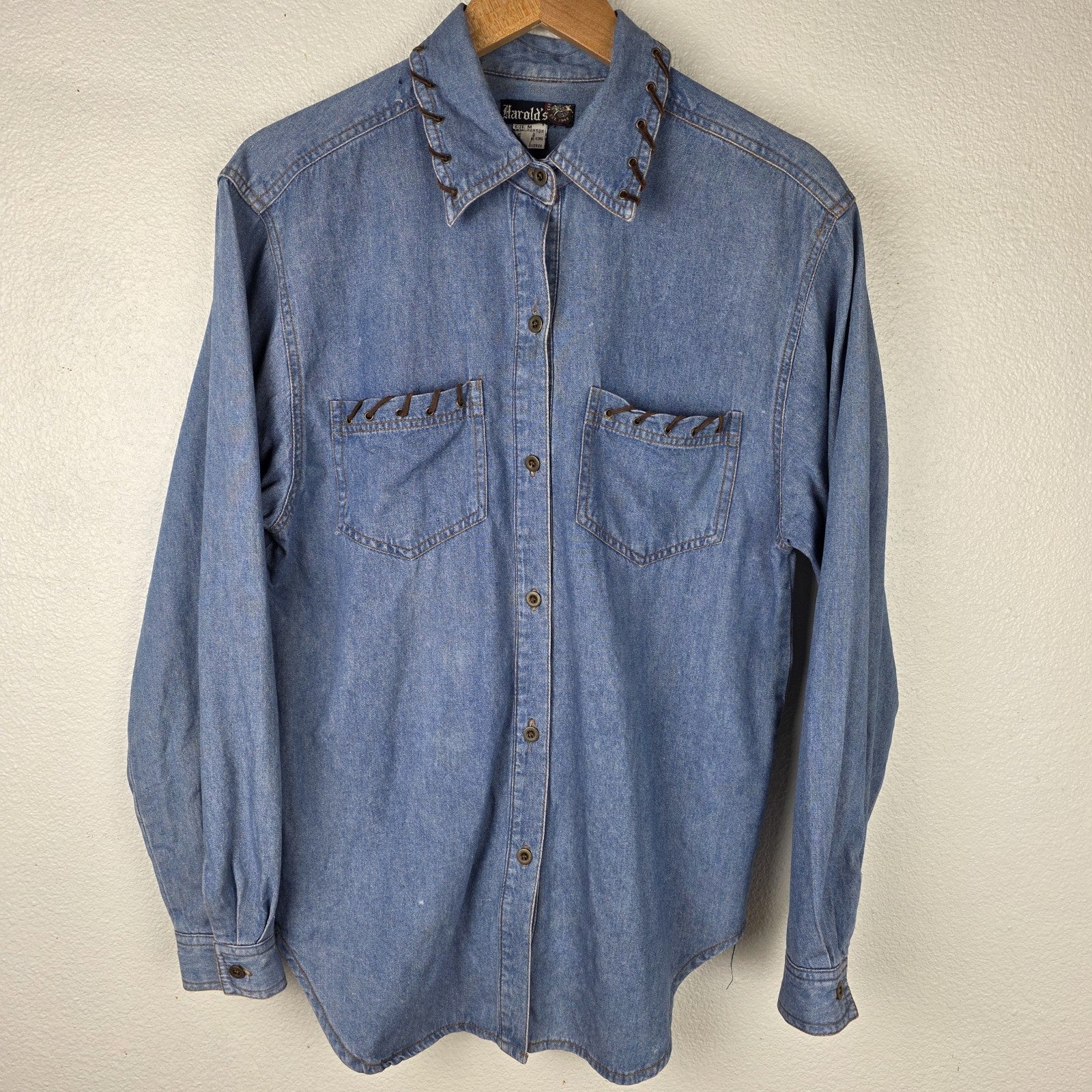 VTG Womens Denim Shirt Western Leather Lace Up Collar Pockets Long Sleeve M