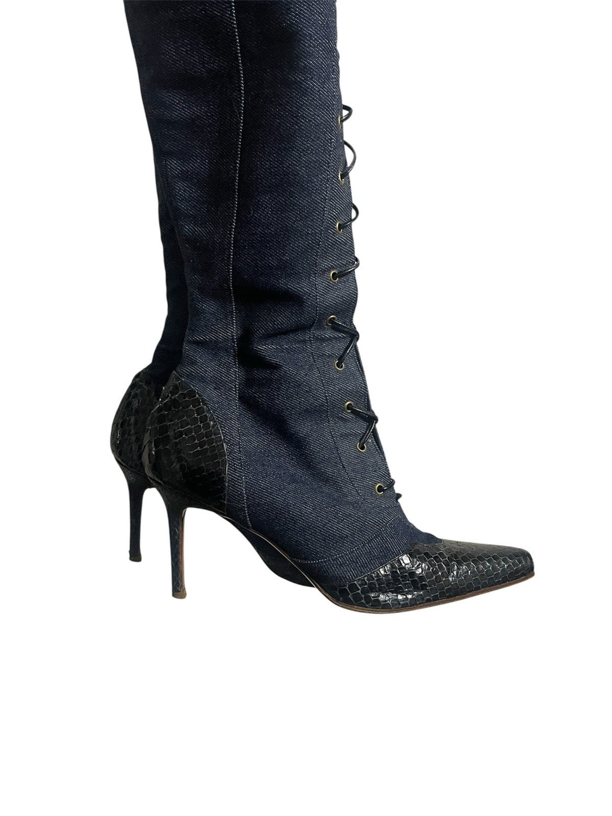 Dior Vintage Y2K Denim & Snakeskin Leather Lace Up Knee High Point Toe Boots