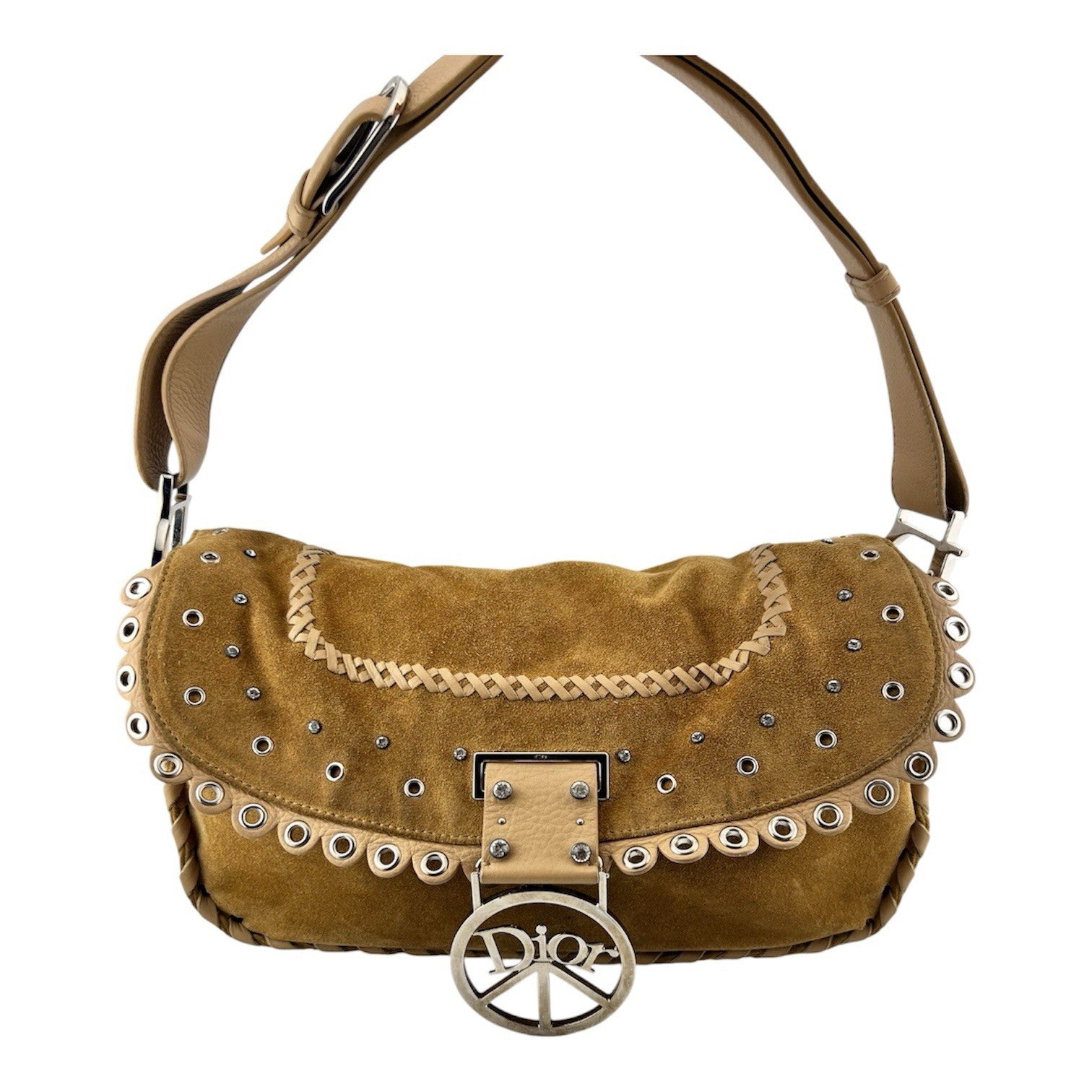 Vtg Christian Dior John Galliano Suede Crystal Peace & Love Bag Studded Y2K 2005