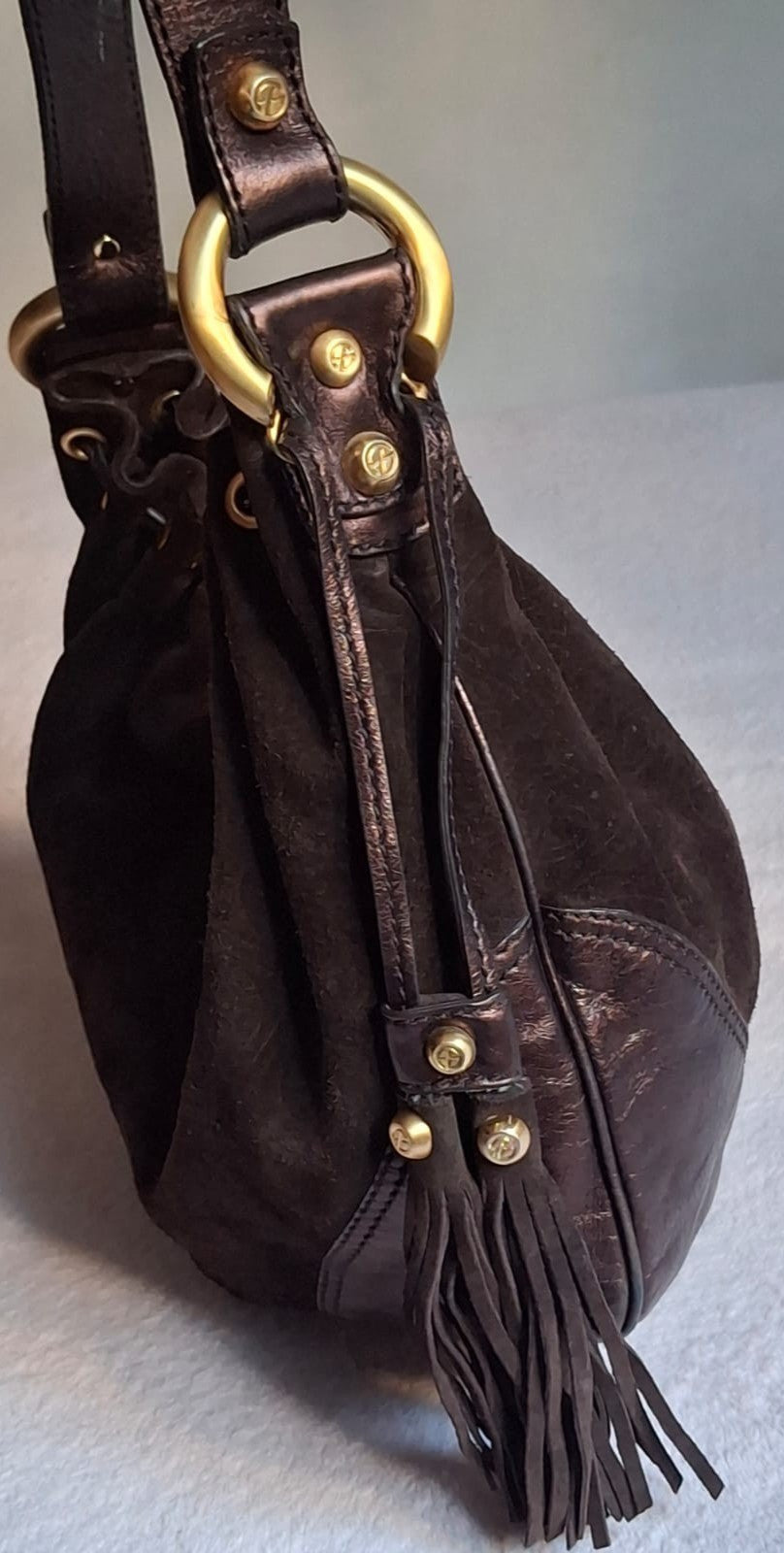 Francesco Biasia Brown Leather and Suede Medium Shoulder Bag with Tassels