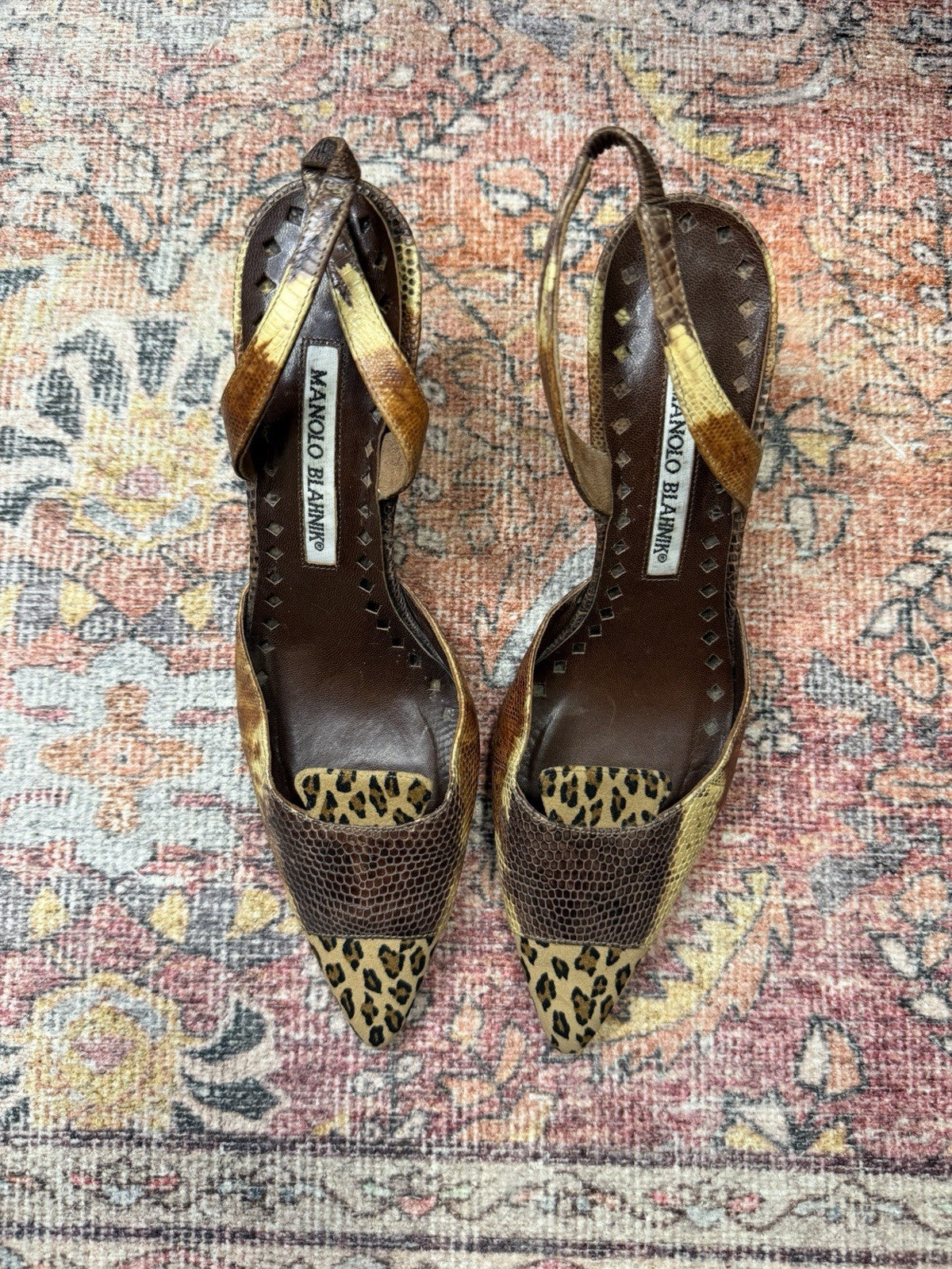 Manolo Blahnik Snakeskin Leopard Print Pointed Toe Slingback Heels US 6