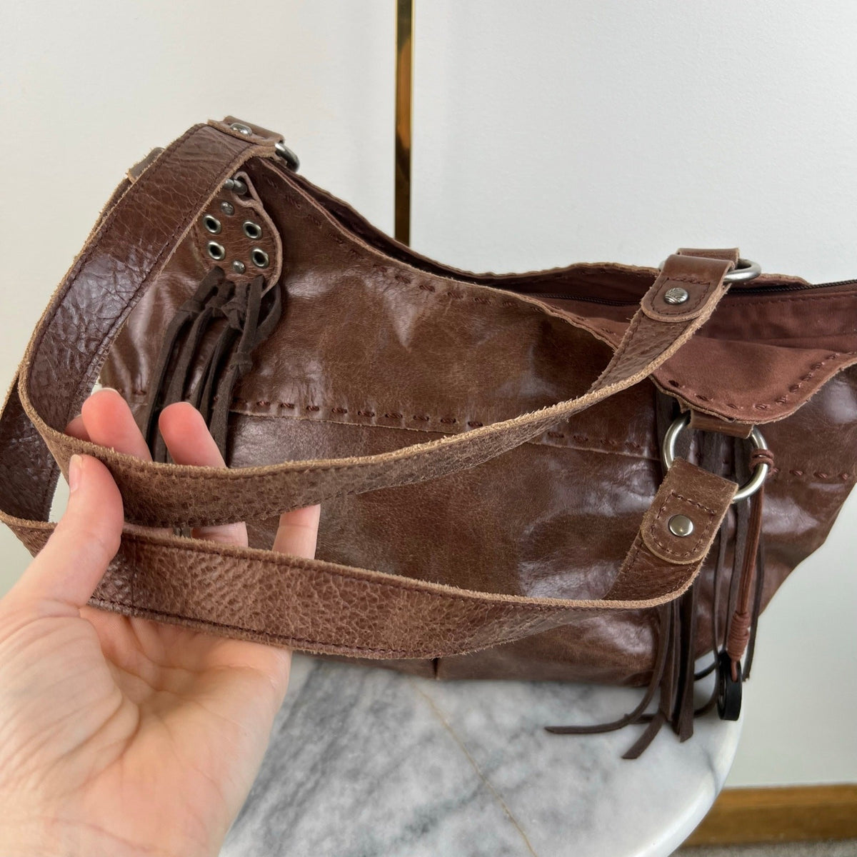 The Sak Brown Leather Fringe Western Shoulder Hobo Bag