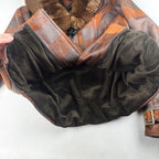 Vintage Brown Plaid Leather Jacket with Fur Collar