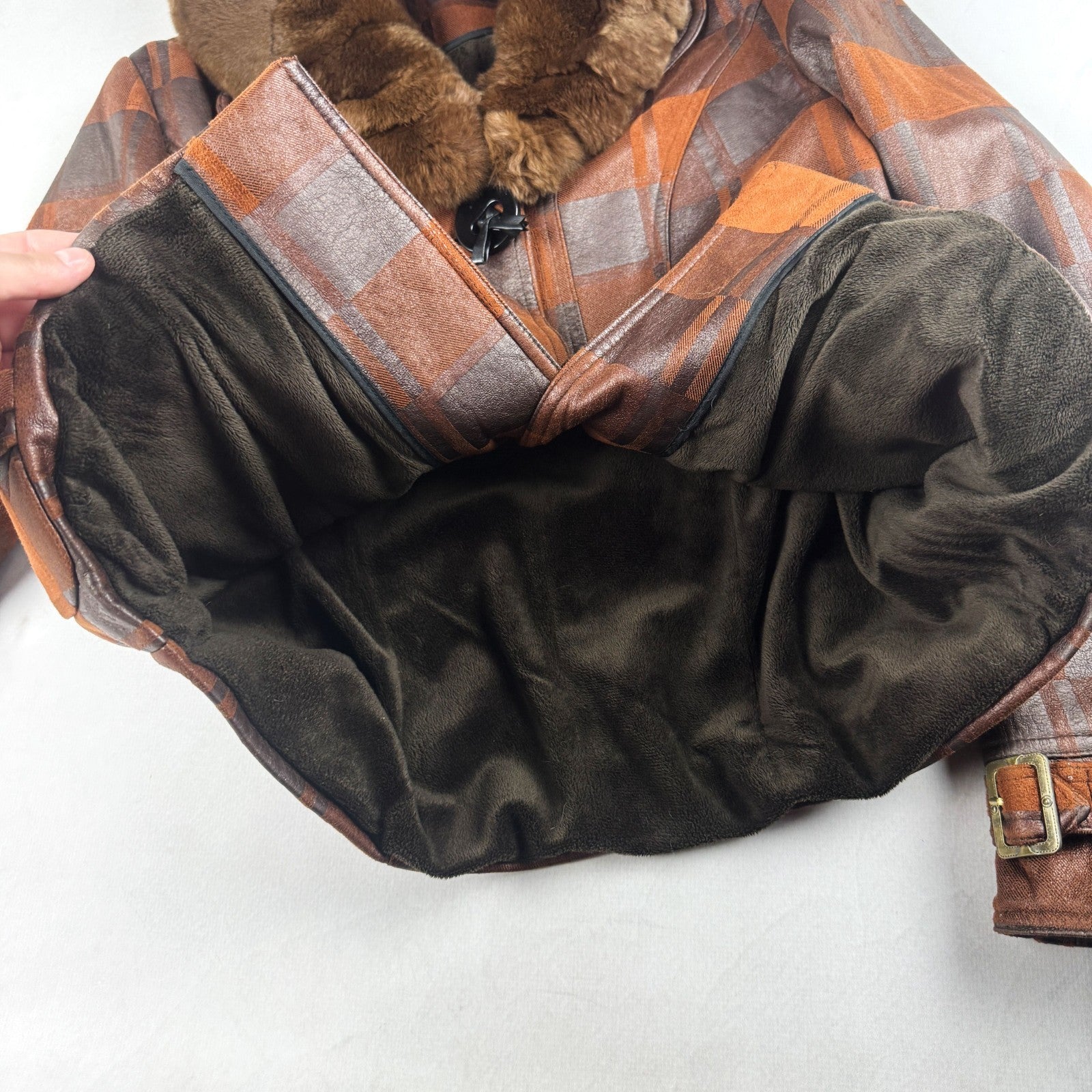 Vintage Brown Plaid Leather Jacket with Fur Collar