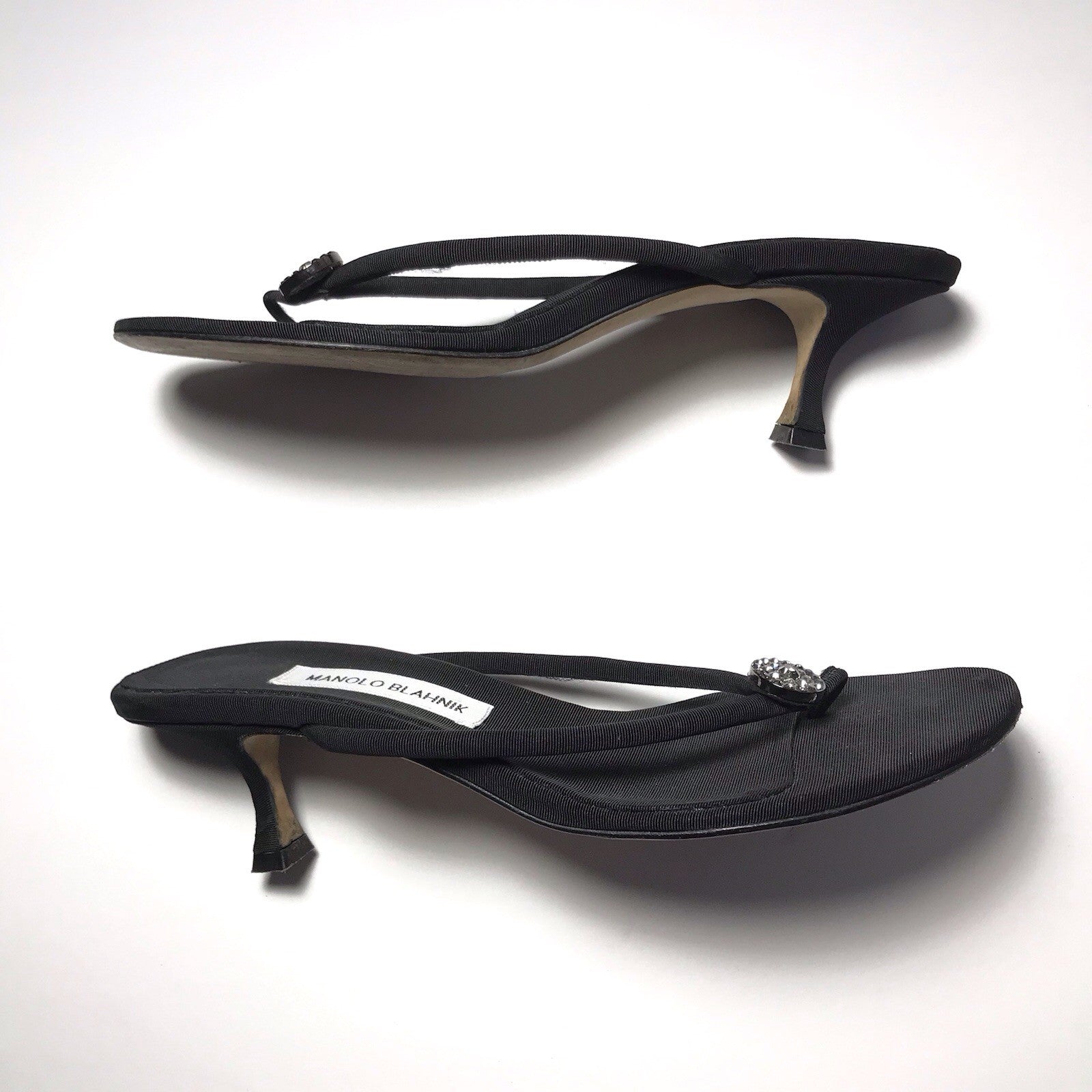 Manolo Blahnik Y2K Vintage Crystal Thong Sandal Black Fabric Kitten Heels 40.5