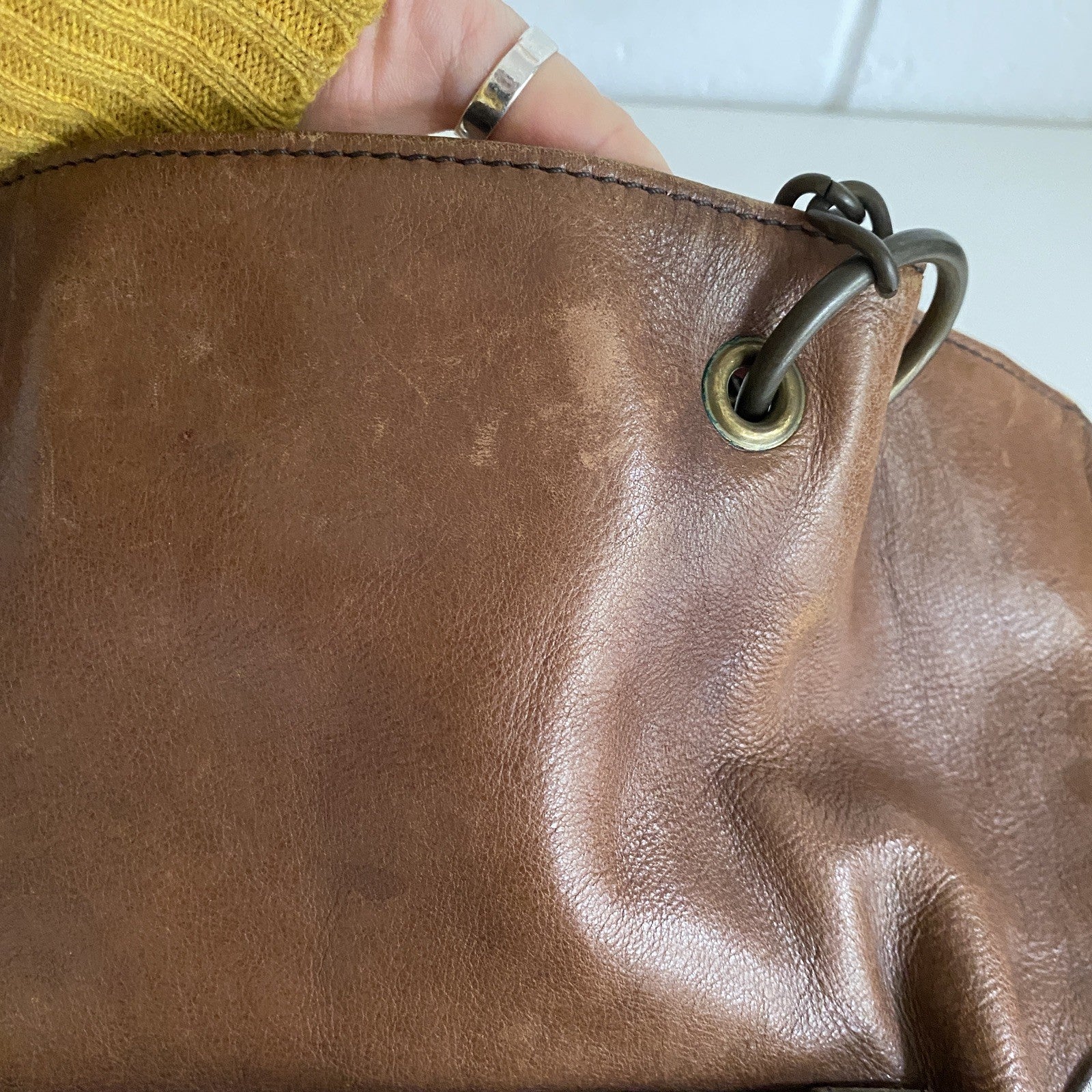 Anna Sui Brown Pewter Studded Leather Chain Tote Bag