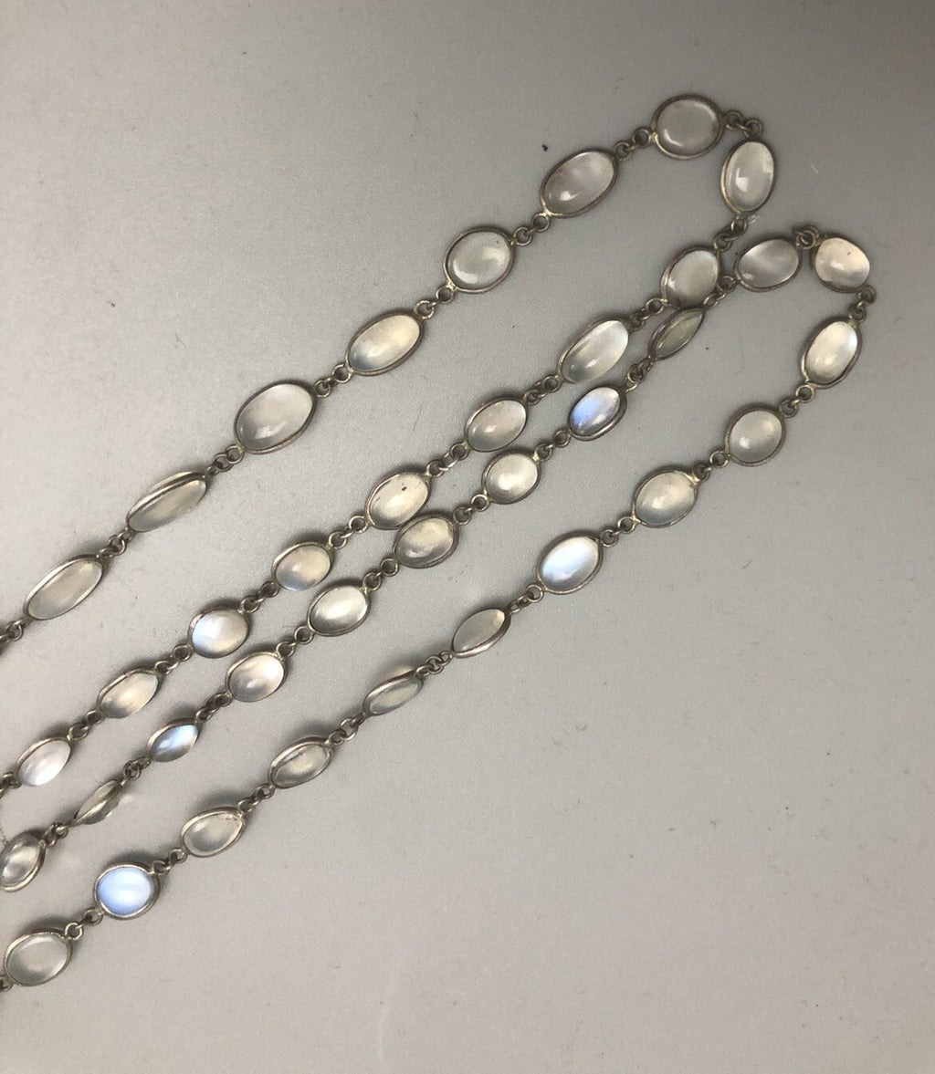 Victorian Silver Natural Moonstone Necklace /Guard  Chain 28g 122cm DLZX