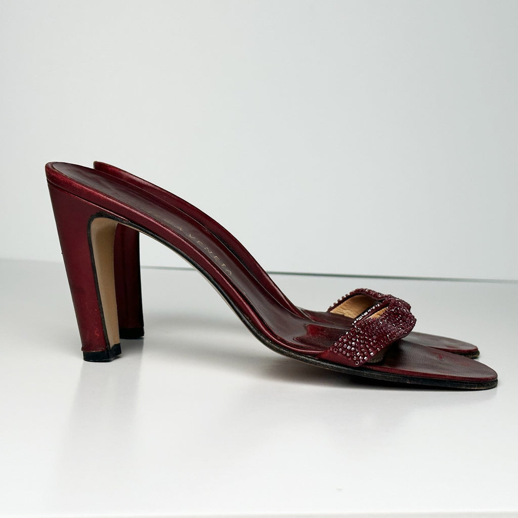 Bottega Veneta 1990s Burgundy Leather Crystal Mules Size 7.5B
