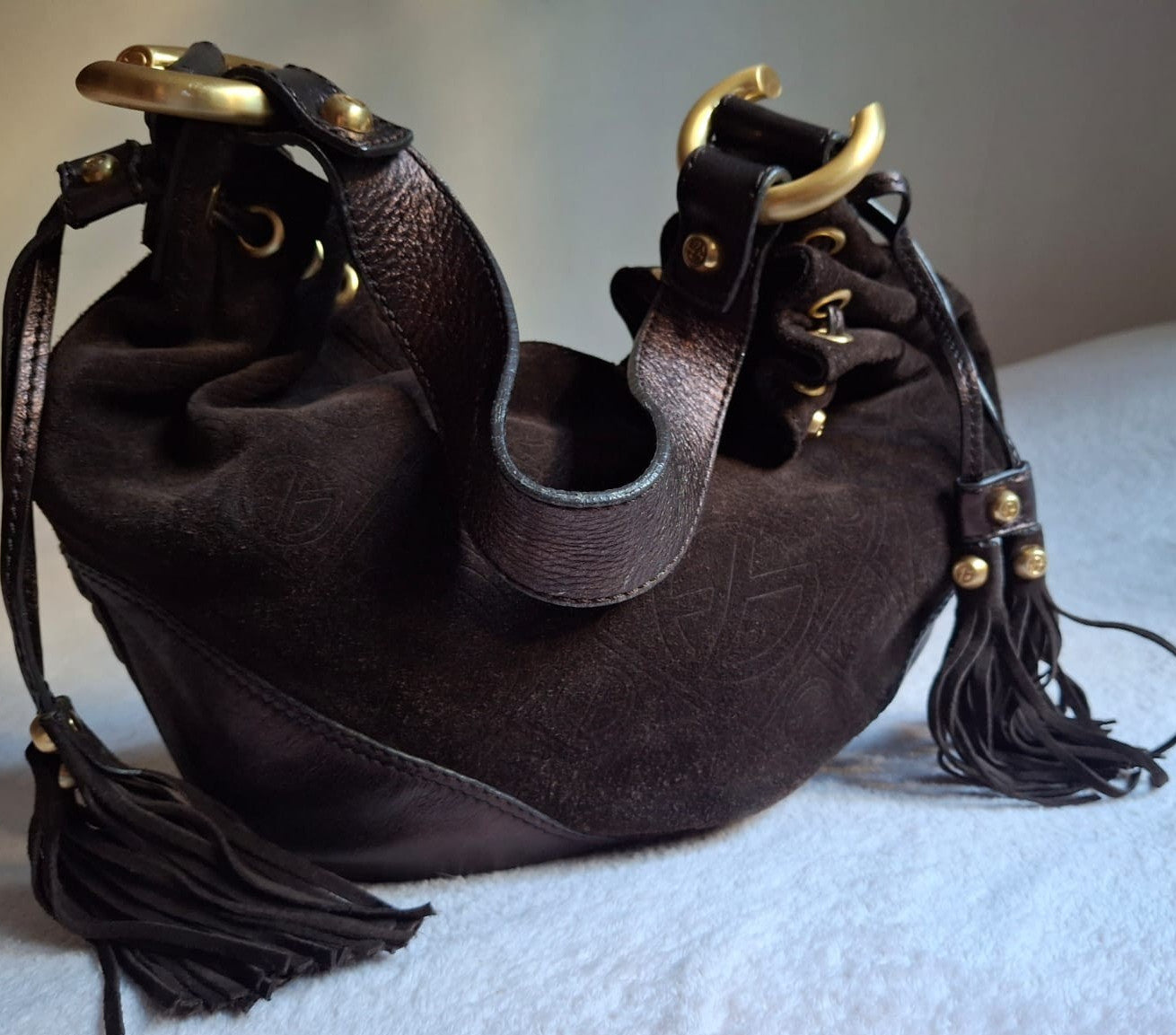 Francesco Biasia Brown Leather and Suede Medium Shoulder Bag with Tassels