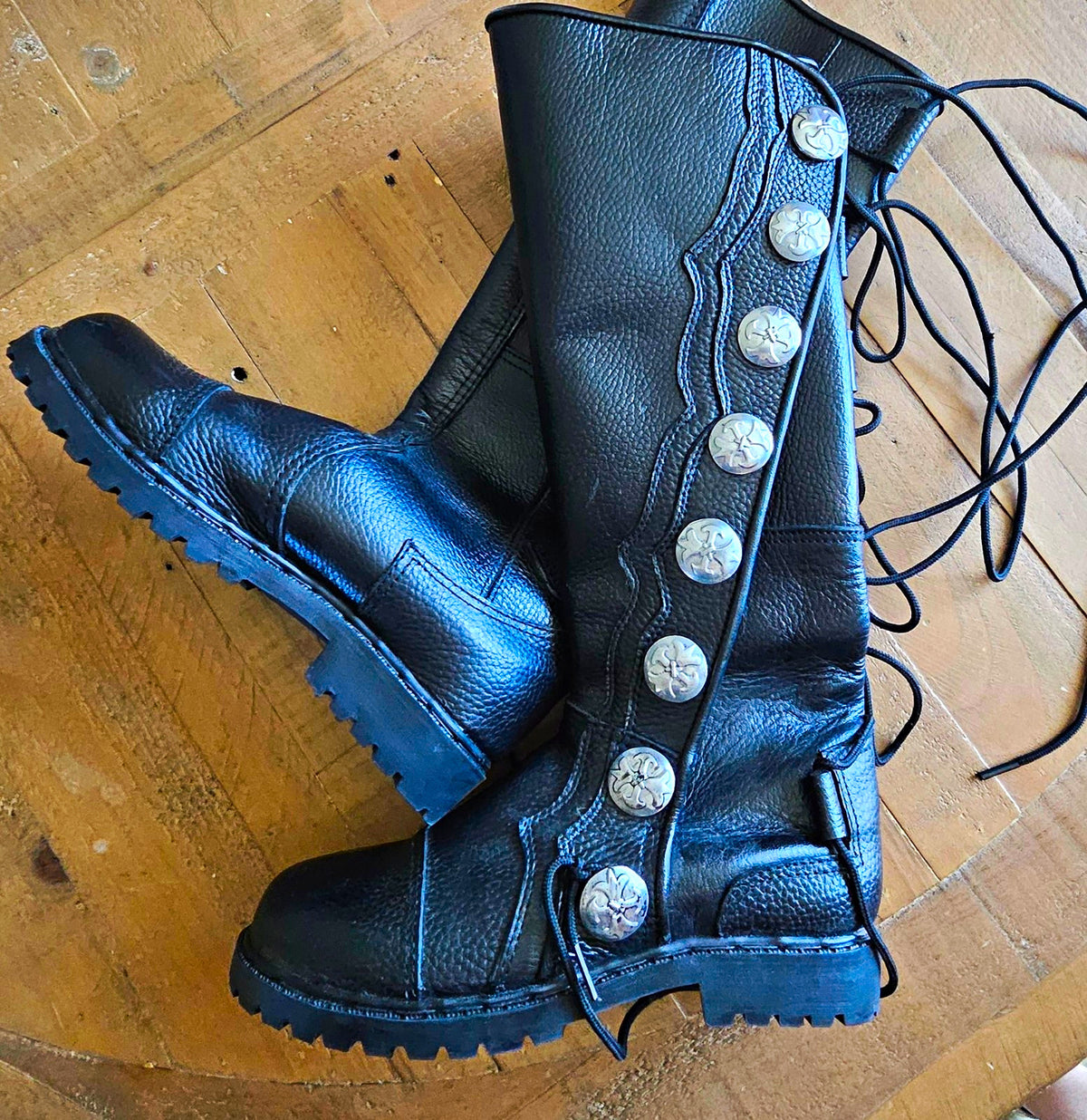 Handmade Women's Black Leather Western Knee-High Lace-Up Boots with Concho Harness Size 8