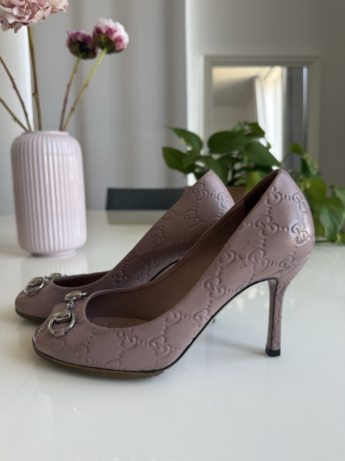 Gucci GG Monogram Leather Peep Toe Stiletto Heels EU 36