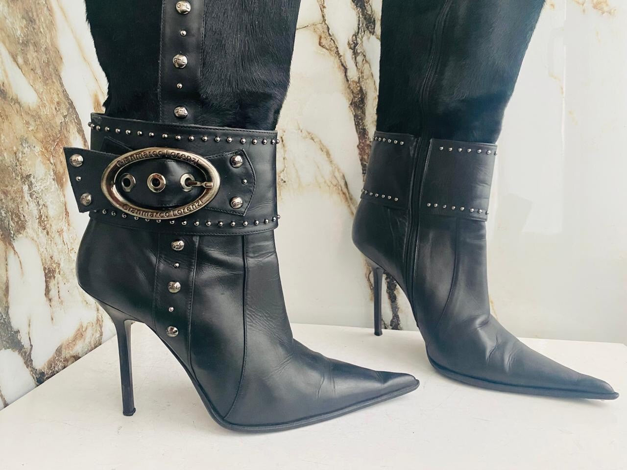 Gianmarco Lorenzi Women Boots  High Heels Black leather Italian Boots Size 38