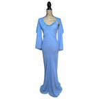 90s Y2K Light Cornflower Blue Glass Beaded Bias Cut Slip Dress Size Medium
