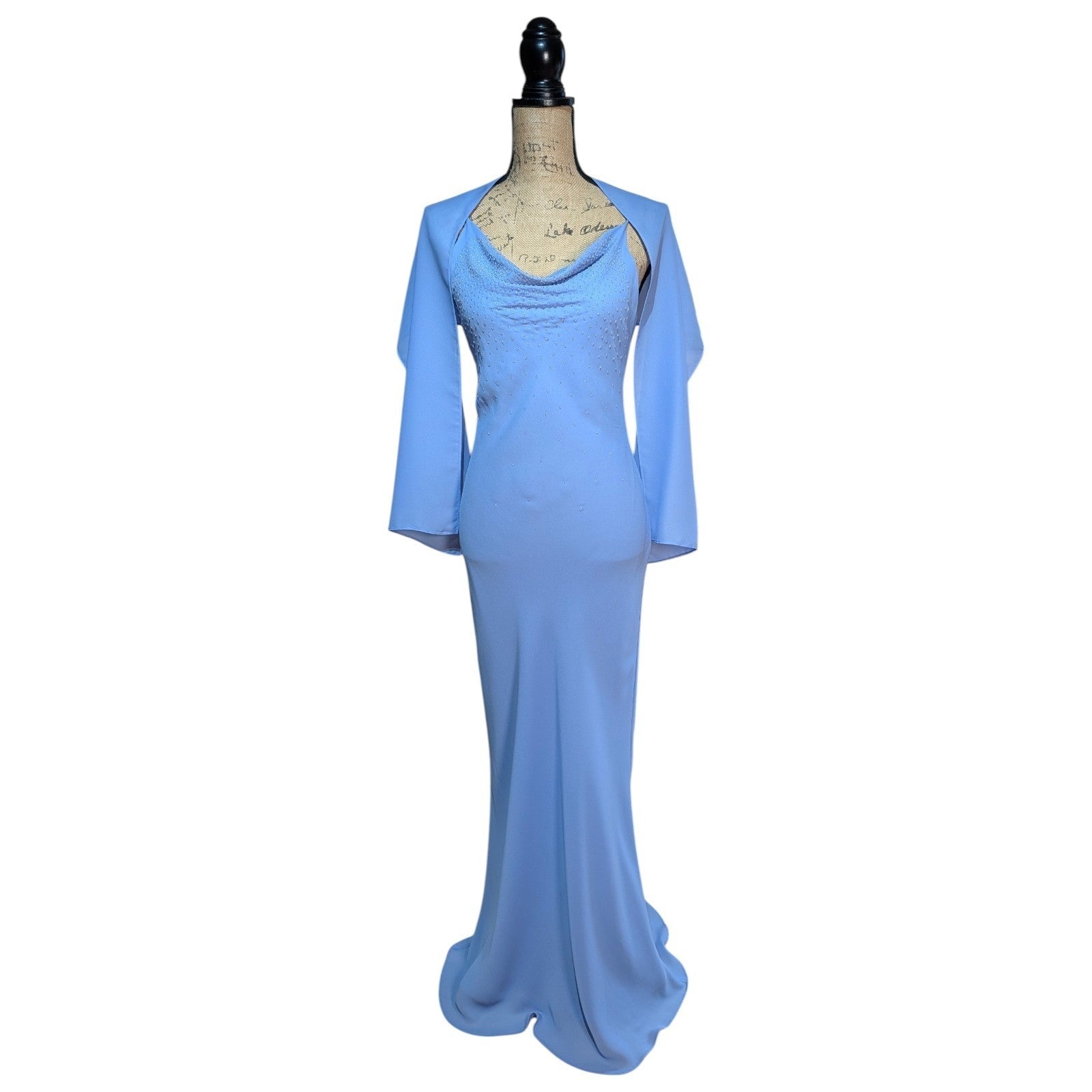 90s Y2K Light Cornflower Blue Glass Beaded Bias Cut Slip Dress Size Medium