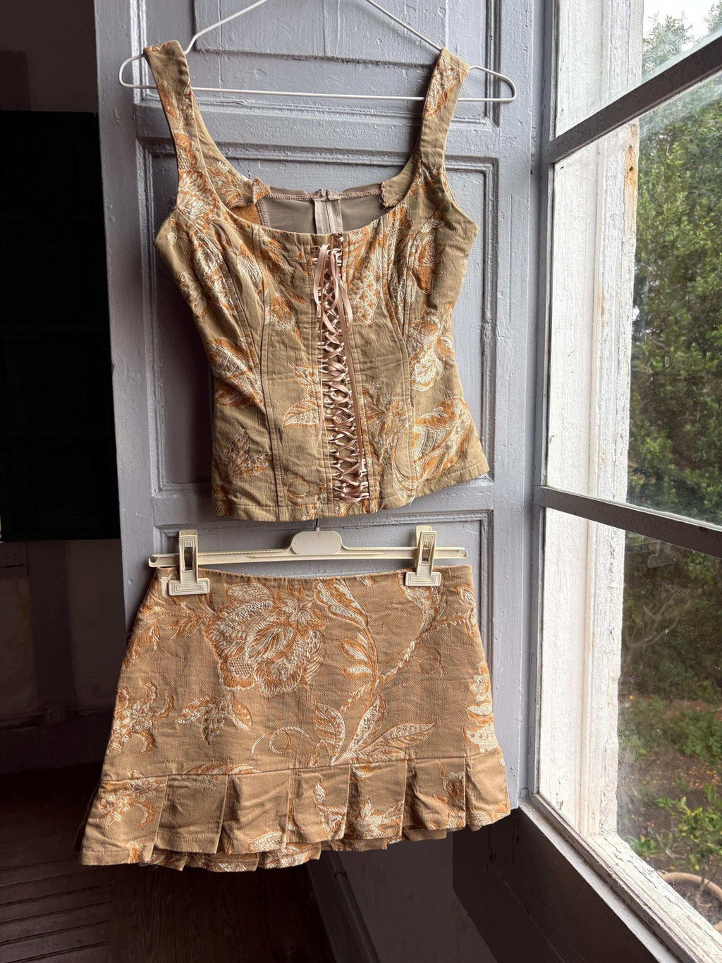 Y2K Brocade Two Piece Set Gold Floral Corset Top and Mini Skirt