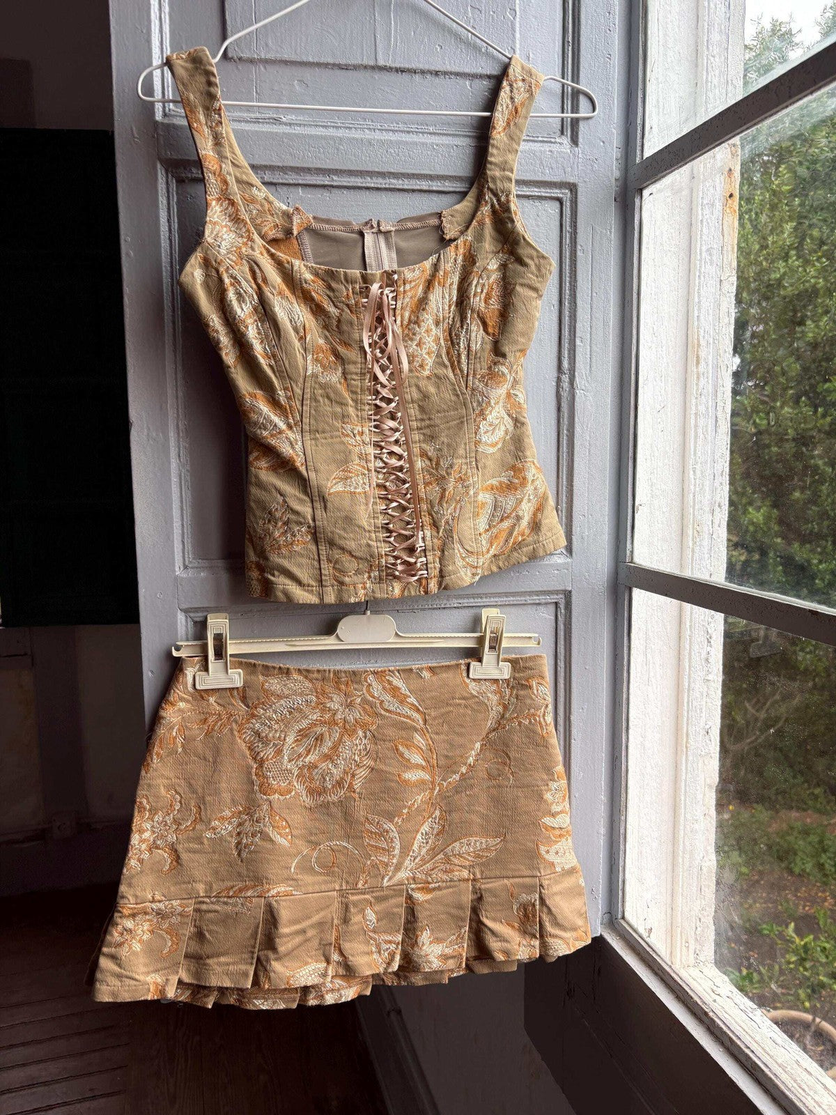 Y2K Brocade Two Piece Set Gold Floral Corset Top and Mini Skirt