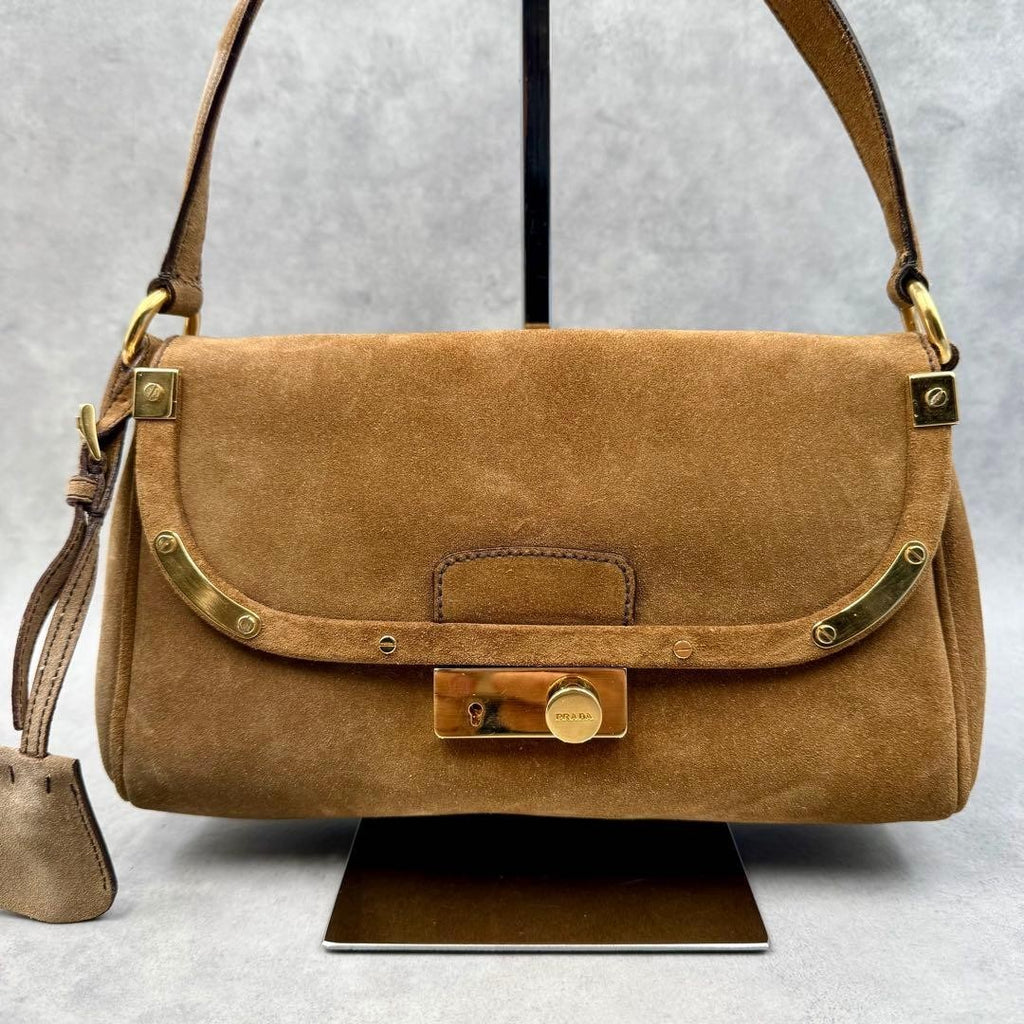 PRADA Y2K Shoulder Hand Hobo Bag Brown Suede Leather Women's Authentic Used