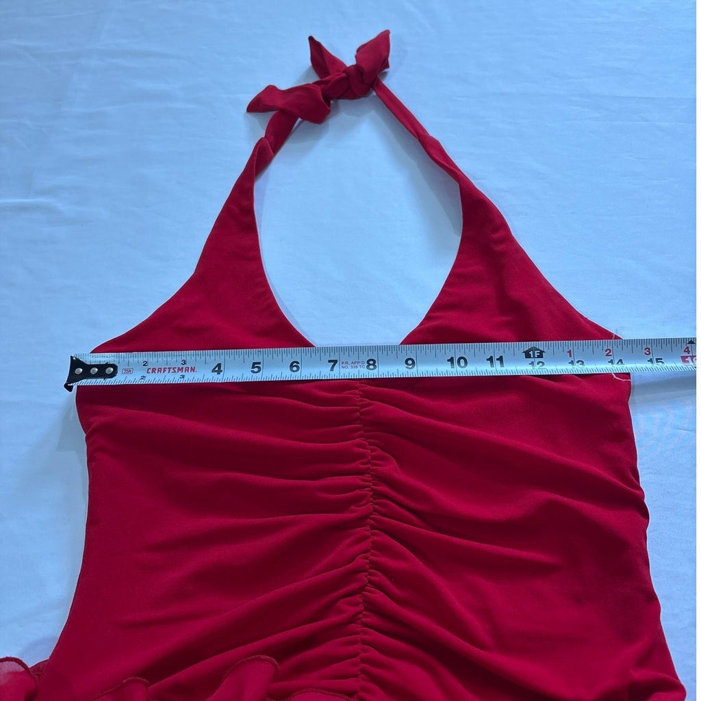 Cache Red Halter Ruffled Dress