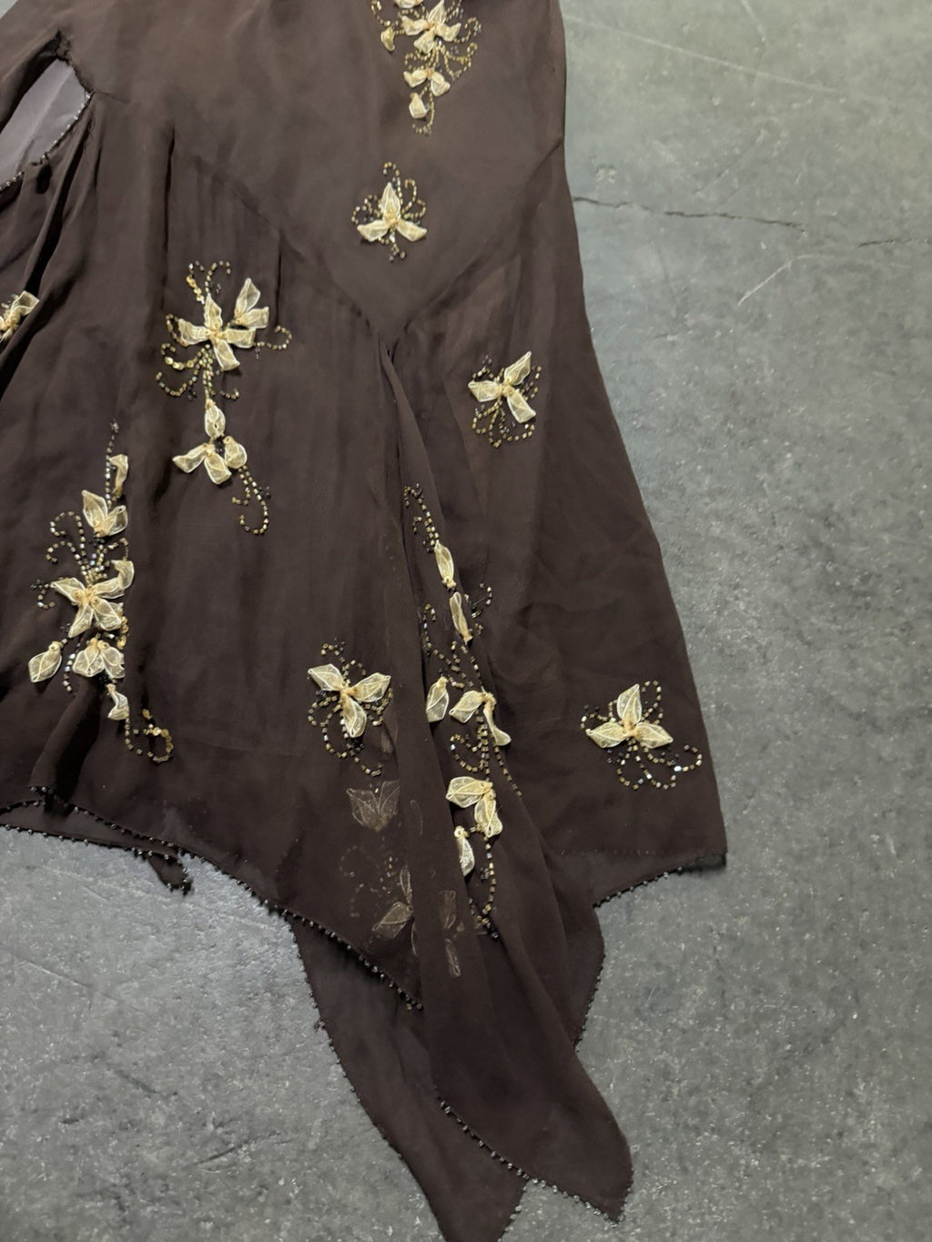 Vintage Y2K Woodland Fairy Brown Floral Silk Beaded Two Piece Skirt Set Asymmetric