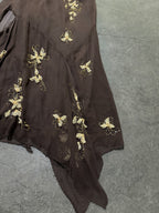 Vintage Y2K Woodland Fairy Brown Floral Silk Beaded Two Piece Skirt Set Asymmetric