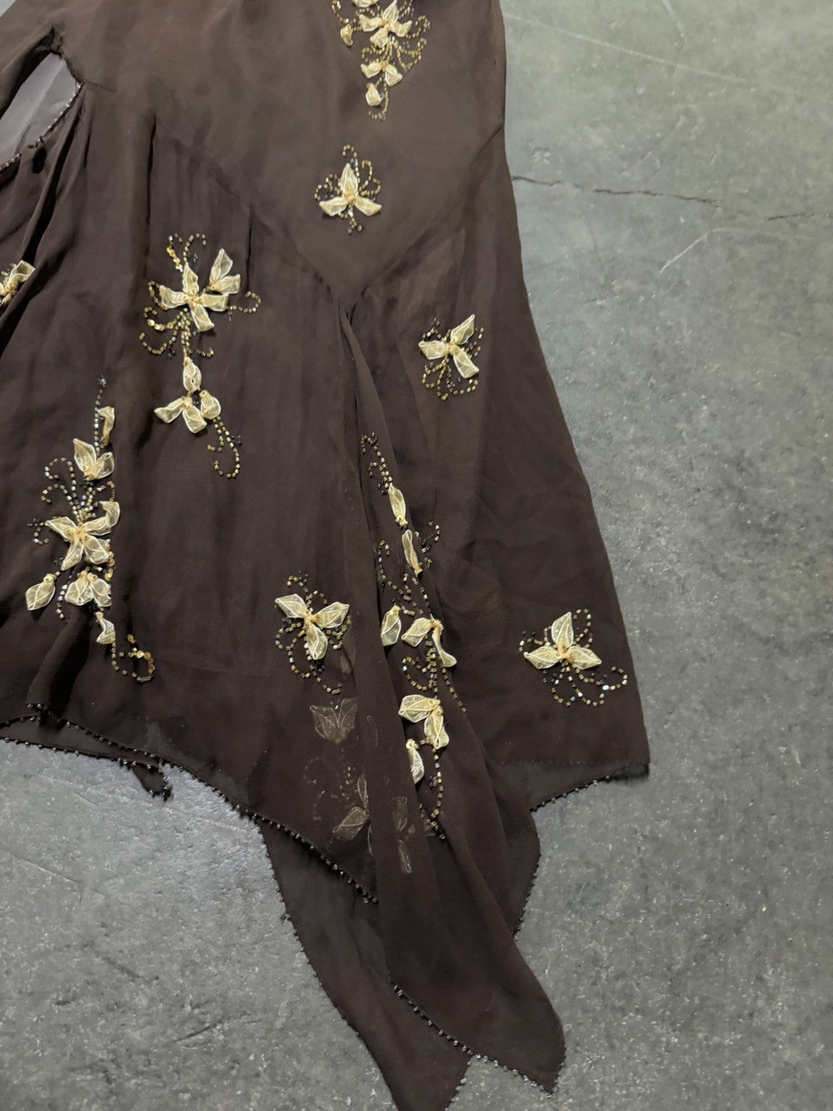 Vintage Y2K Woodland Fairy Brown Floral Silk Beaded Two Piece Skirt Set Asymmetric