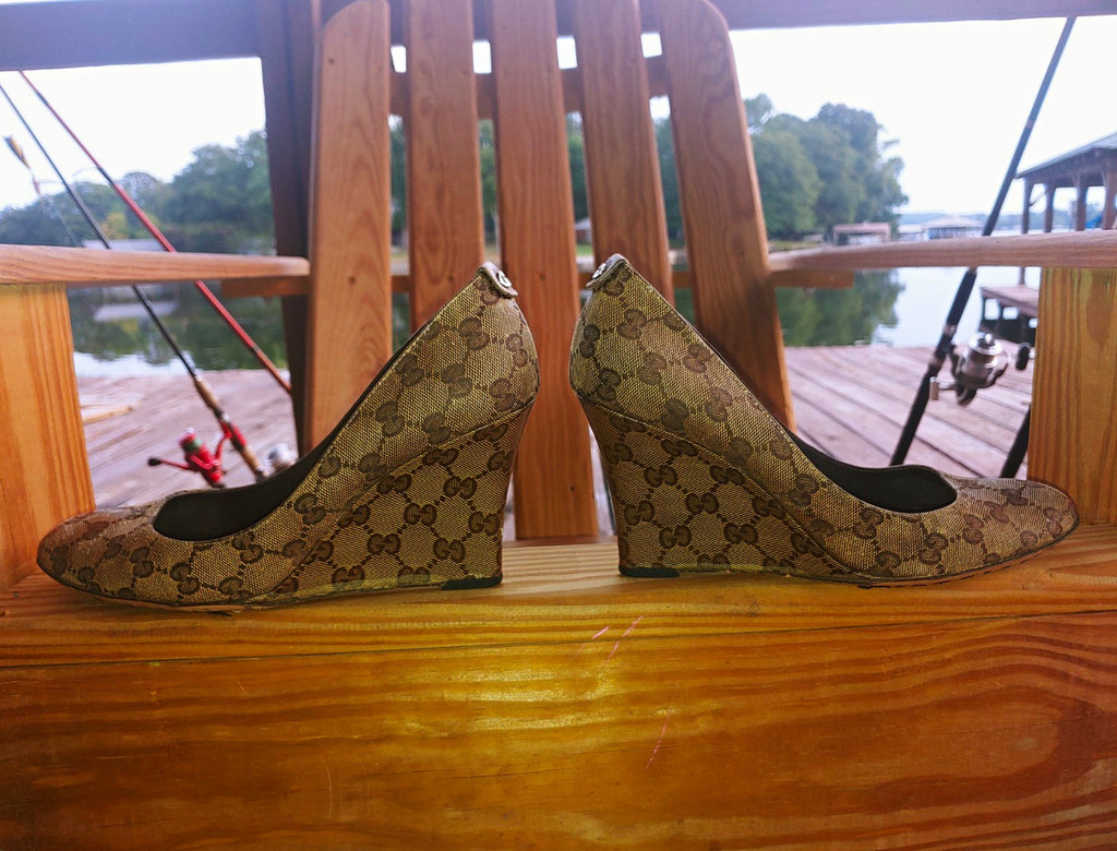 Gucci Beige and Brown GG Canvas Slip On Wedge Heels Size 10
