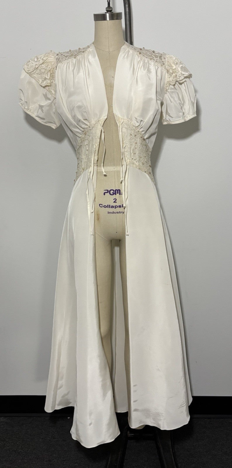 Vintage Late 1930s Ivory Hostess Gown Peignoir-Style Corseted Waist Lace Beaded