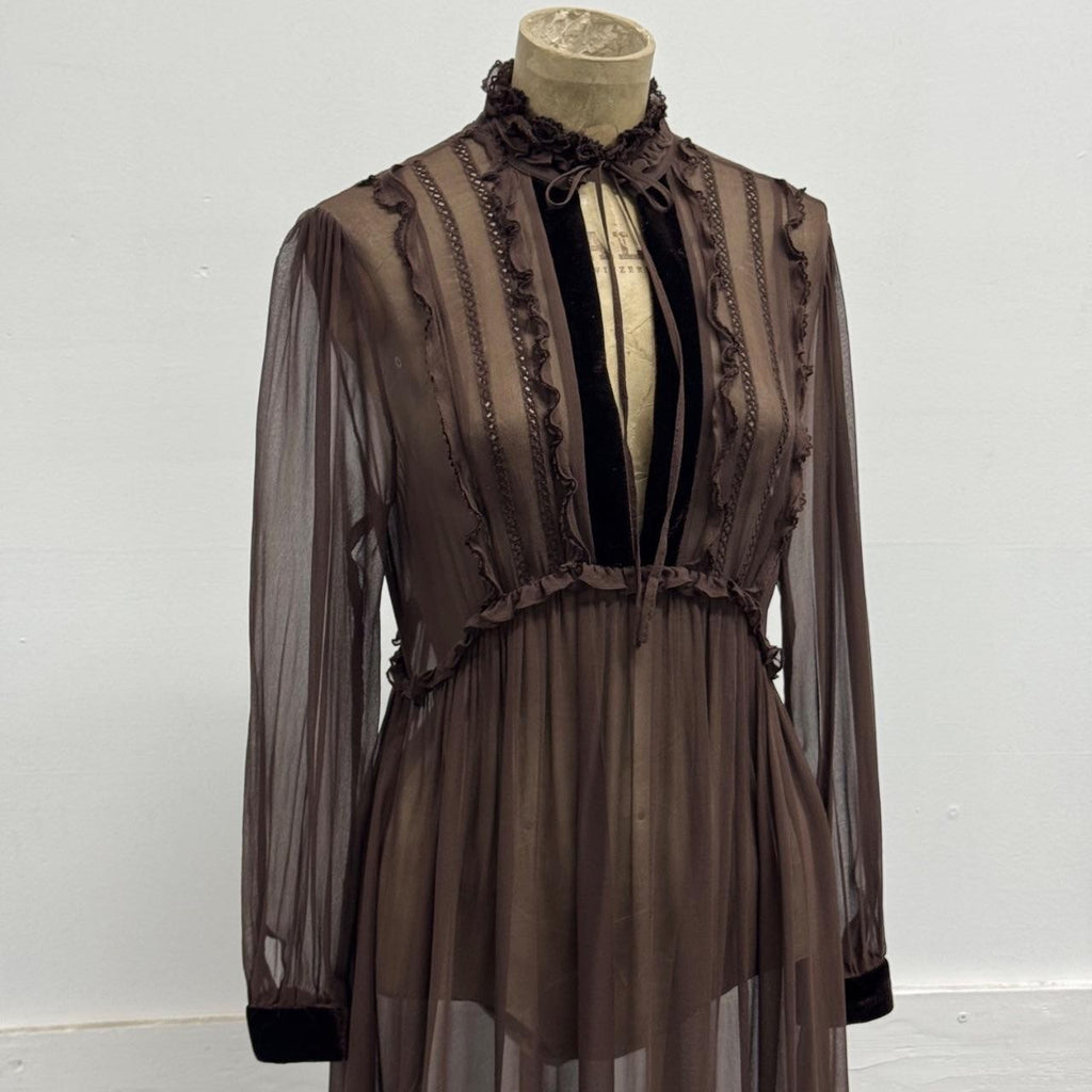 Vintage Brown 100% Silk Chiffon Edwardian-Style Ruffled Midi Dress