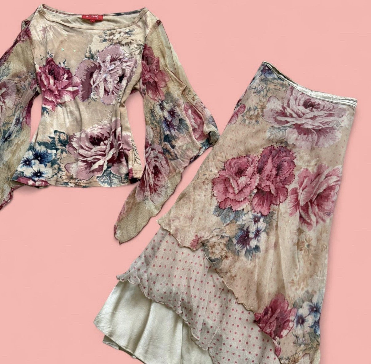 Rene Derhy Beige Floral Embellished Top and Skirt Set Large