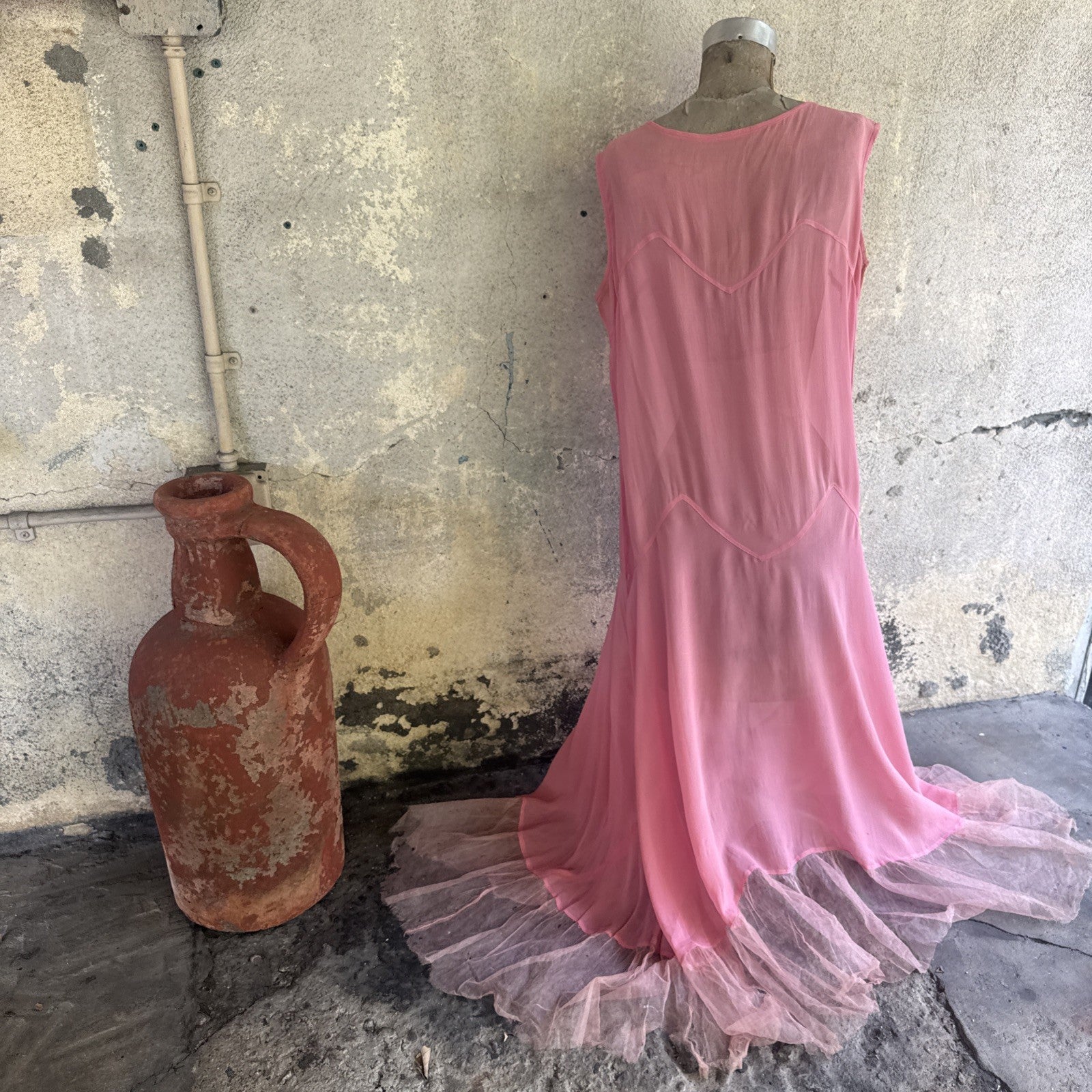 Vintage Late 1920s Early 1930s Bubblegum Pink Silk Chiffon Dress Sheer Ruffle