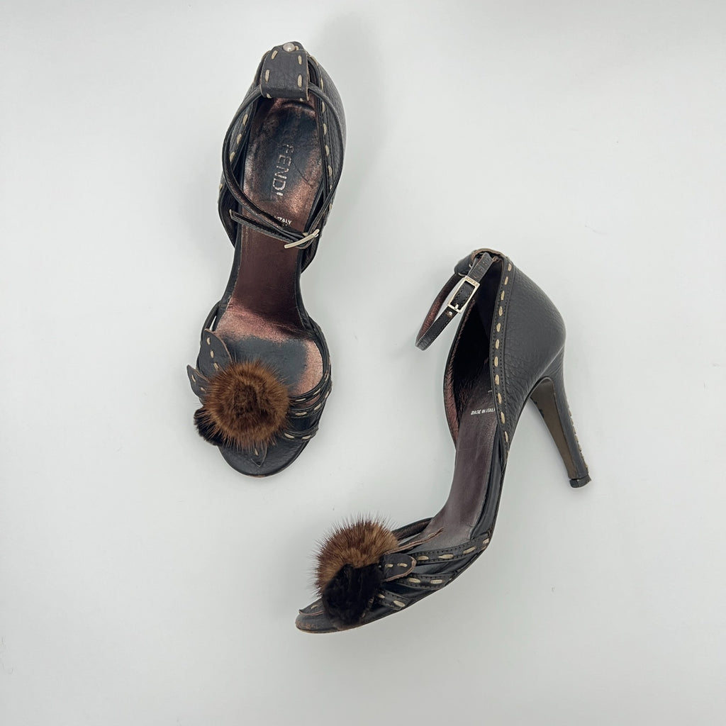 Fendi | Auth Selleria Brown Leather Mink Fur Camellia Ankle Strap Stiletto (35)
