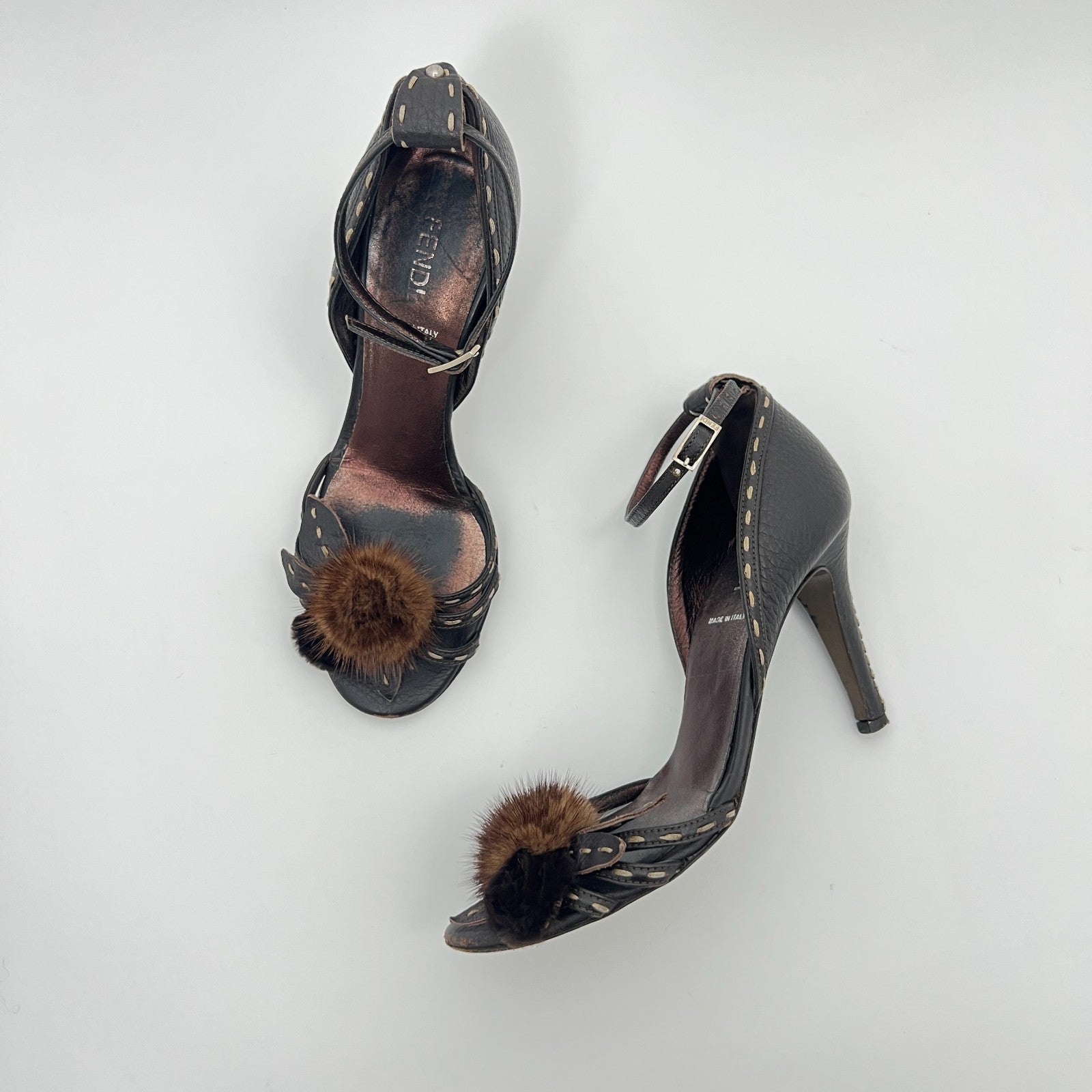 Fendi | Auth Selleria Brown Leather Mink Fur Camellia Ankle Strap Stiletto (35)