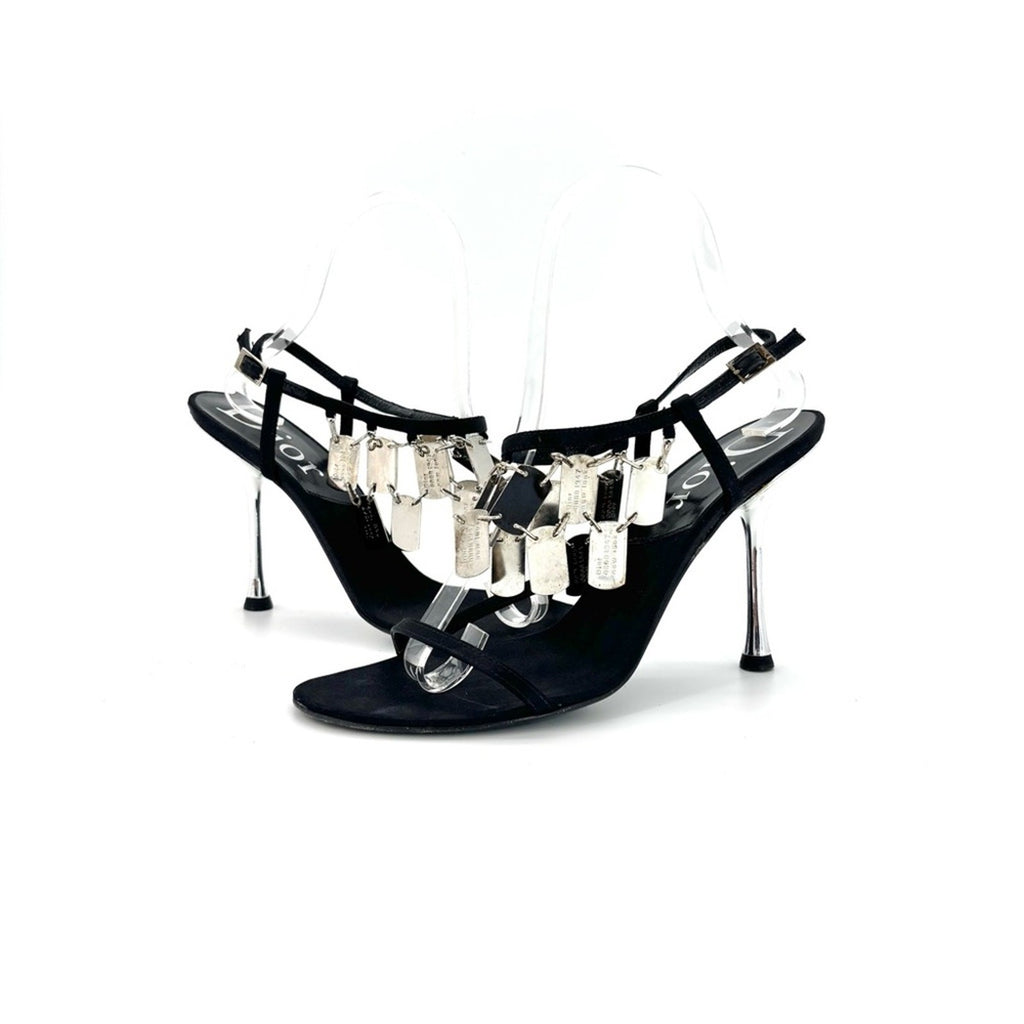 Vintage Dior Galliano 2004 Dog Tag Strappy Satin Heeled Sandals