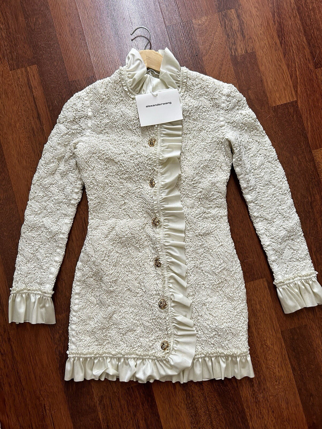 Alexander Wang Smocked Ruffle Long Jacket Dress S In Vintage White