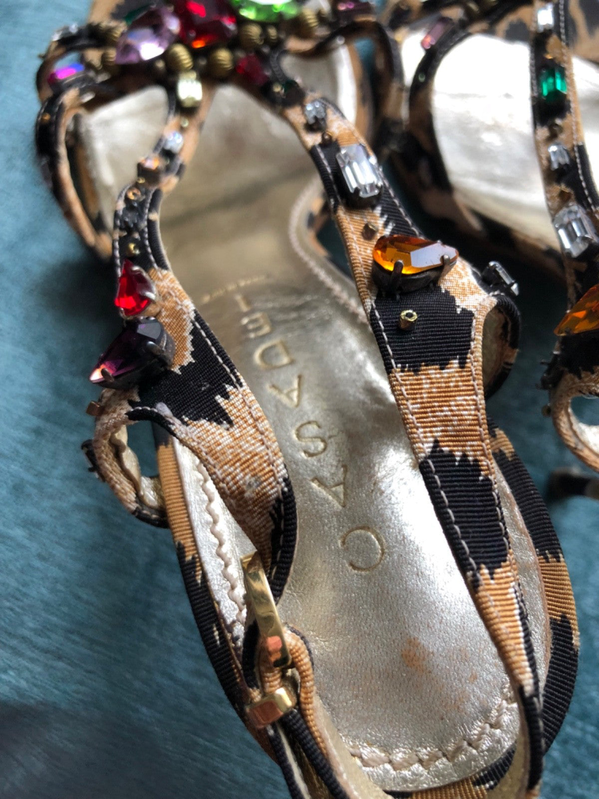 Vintage Casadei Leopard Rhinestone Sandals Y2K Crystal Slingback Heels 9.5 Flaw