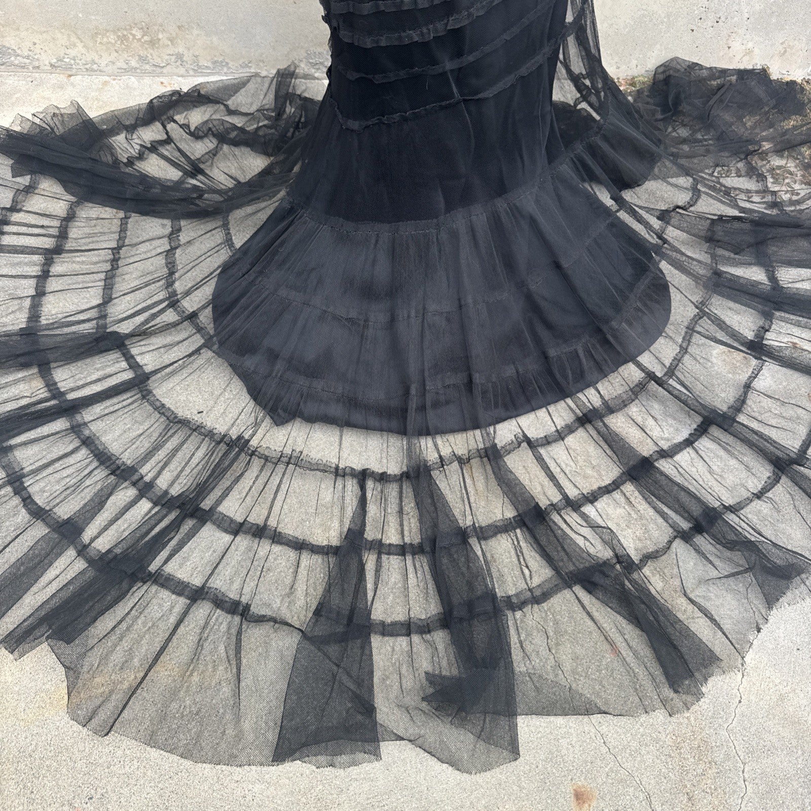 Vintage 1930s Black Mesh Net Gown Ruffles Low Back Bias Cut Art Deco Maxi Dress